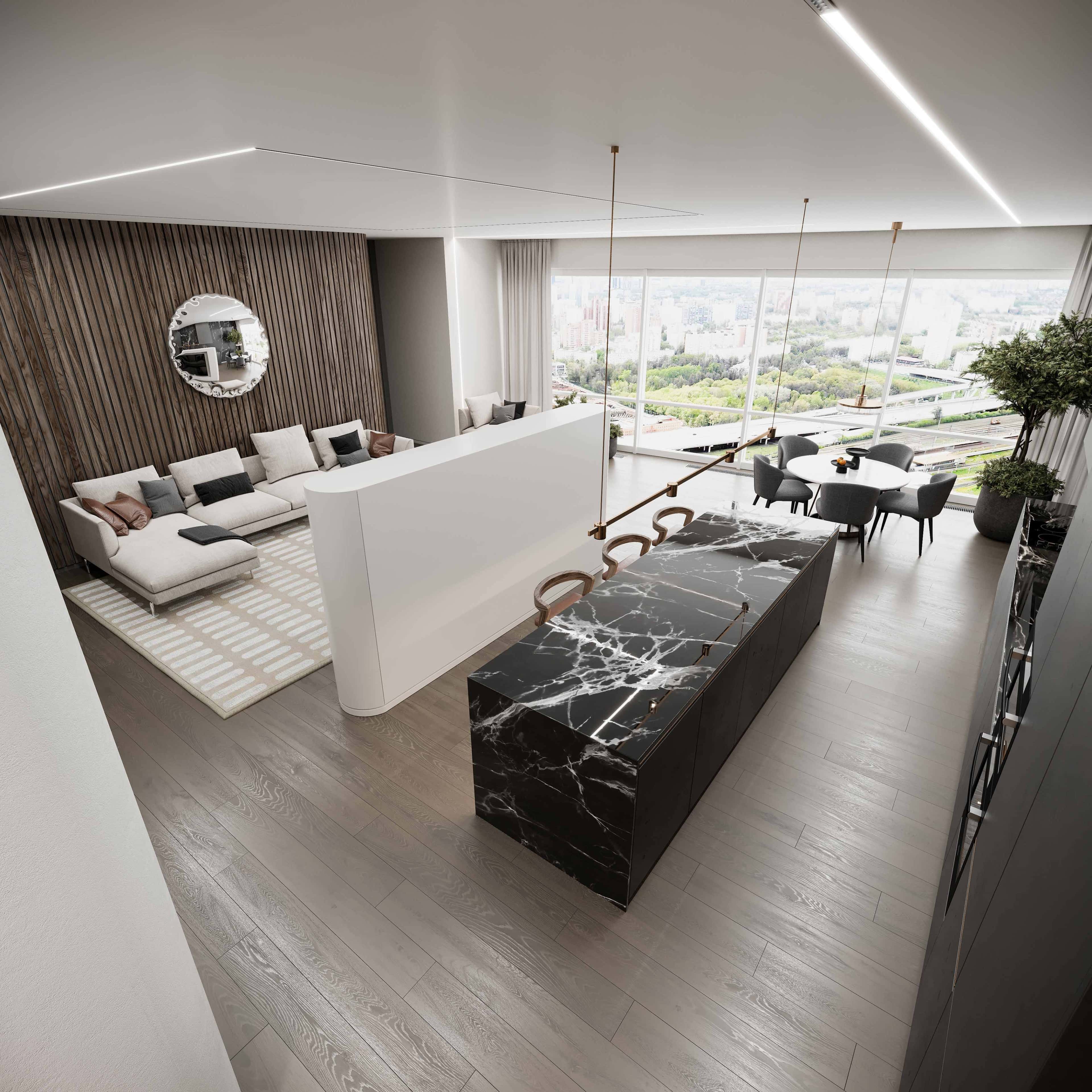 Szare wnętrza mieszkań 2026: Kuchnia z szarymi szafkami i drewnianym blatem.