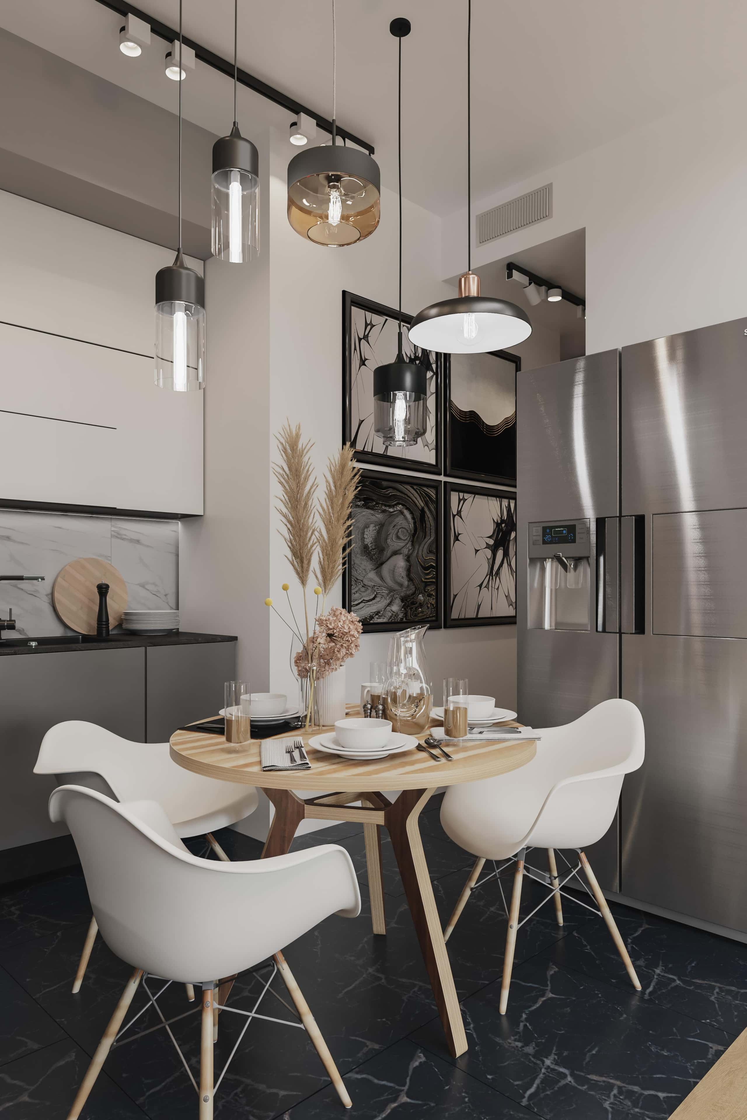 Modne szare wnętrze mieszkania w 2026 roku: nowoczesna kuchnia z szarymi szafkami.