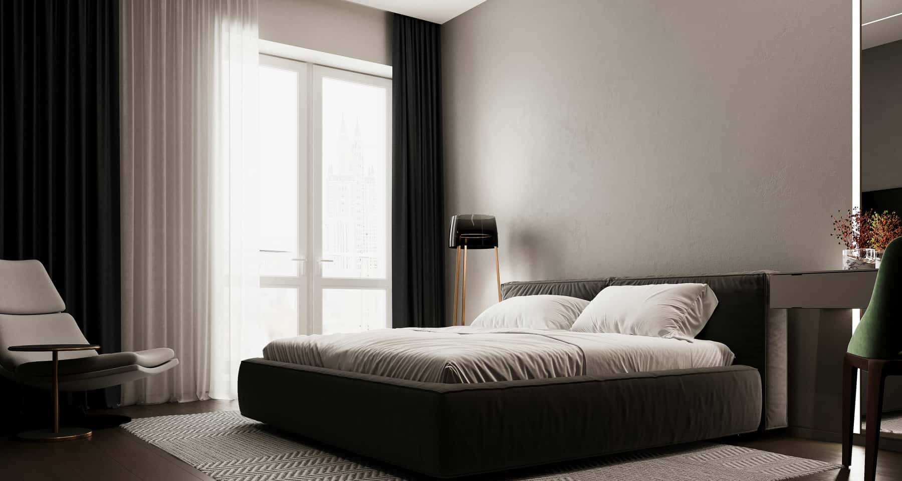 Szare wnętrza mieszkań 2026: Pokój dzienny z szarymi ścianami i kolorowymi akcentami.