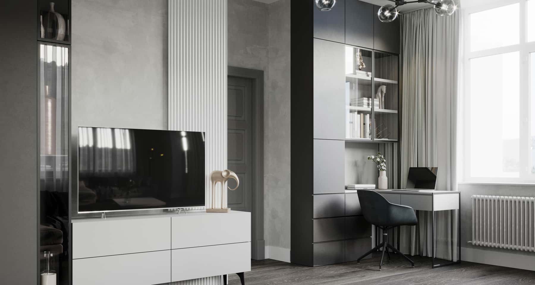 Szare wnętrze mieszkania 2026: jadalnia z szarymi krzesłami i drewnianym stołem.