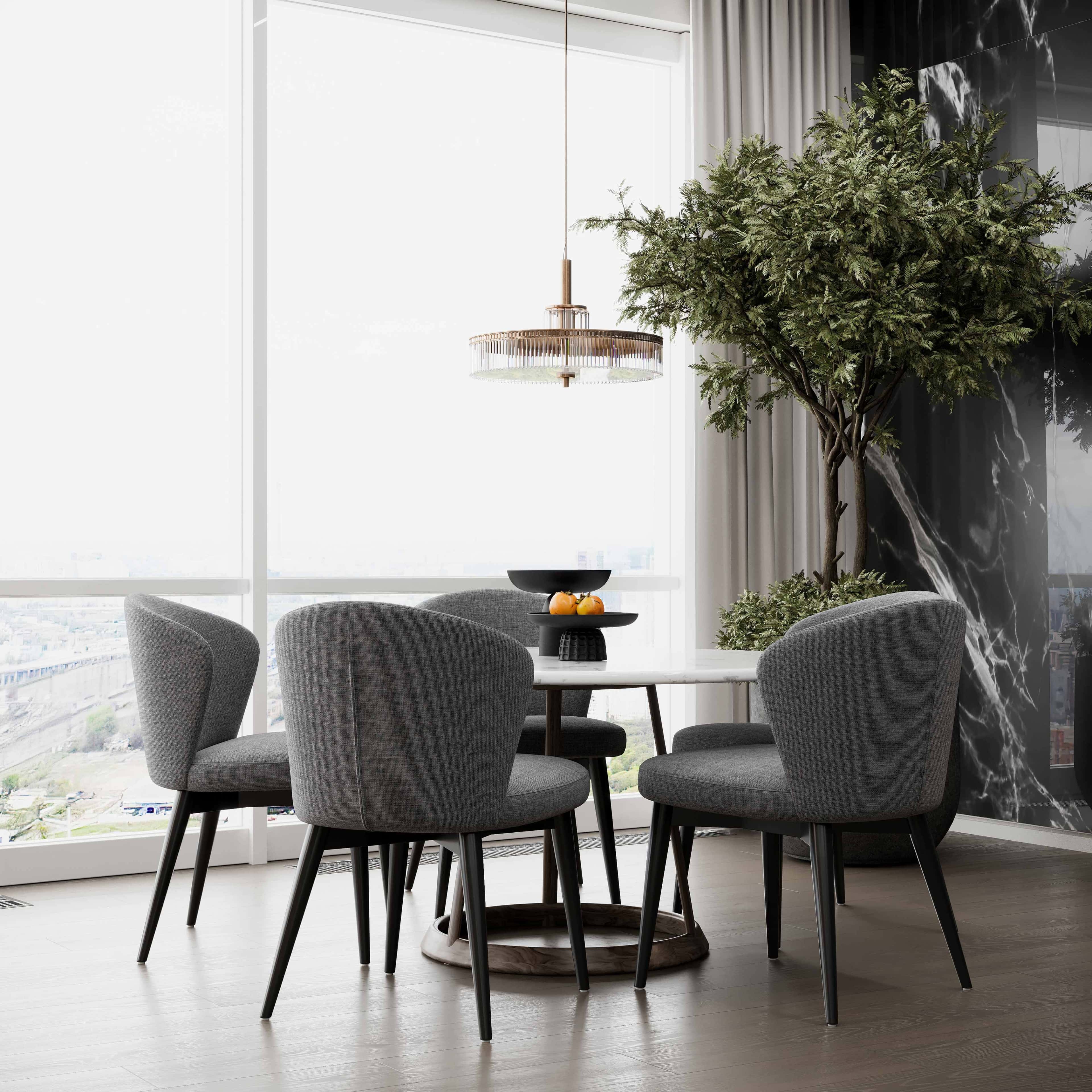 Szare wnętrza mieszkań 2026: Jadalnia z szarymi krzesłami i nowoczesnym oświetleniem.