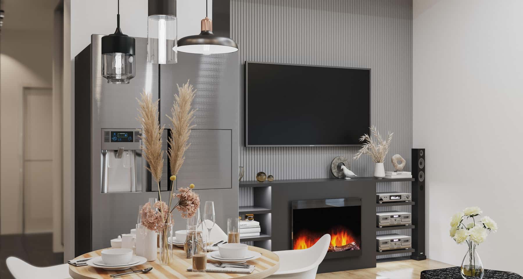 Inspirujące szare wnętrza mieszkań: aranżacja loftu z betonowymi ścianami i industrialnymi lampami.