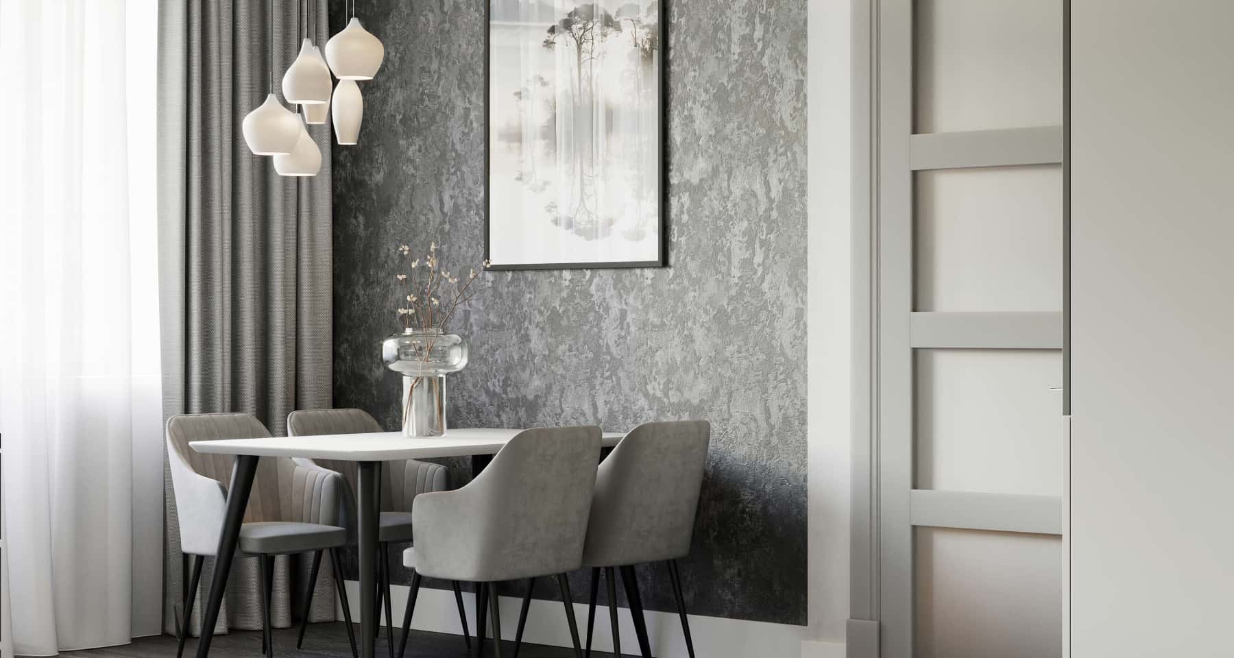 Szare wnętrze mieszkania 2026: mała łazienka z szarymi płytkami i nowoczesną armaturą.