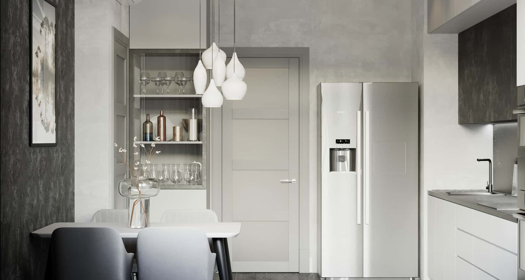 Szare wnętrze mieszkania 2026: przestronny salon z szarą sofą i panoramicznymi oknami.