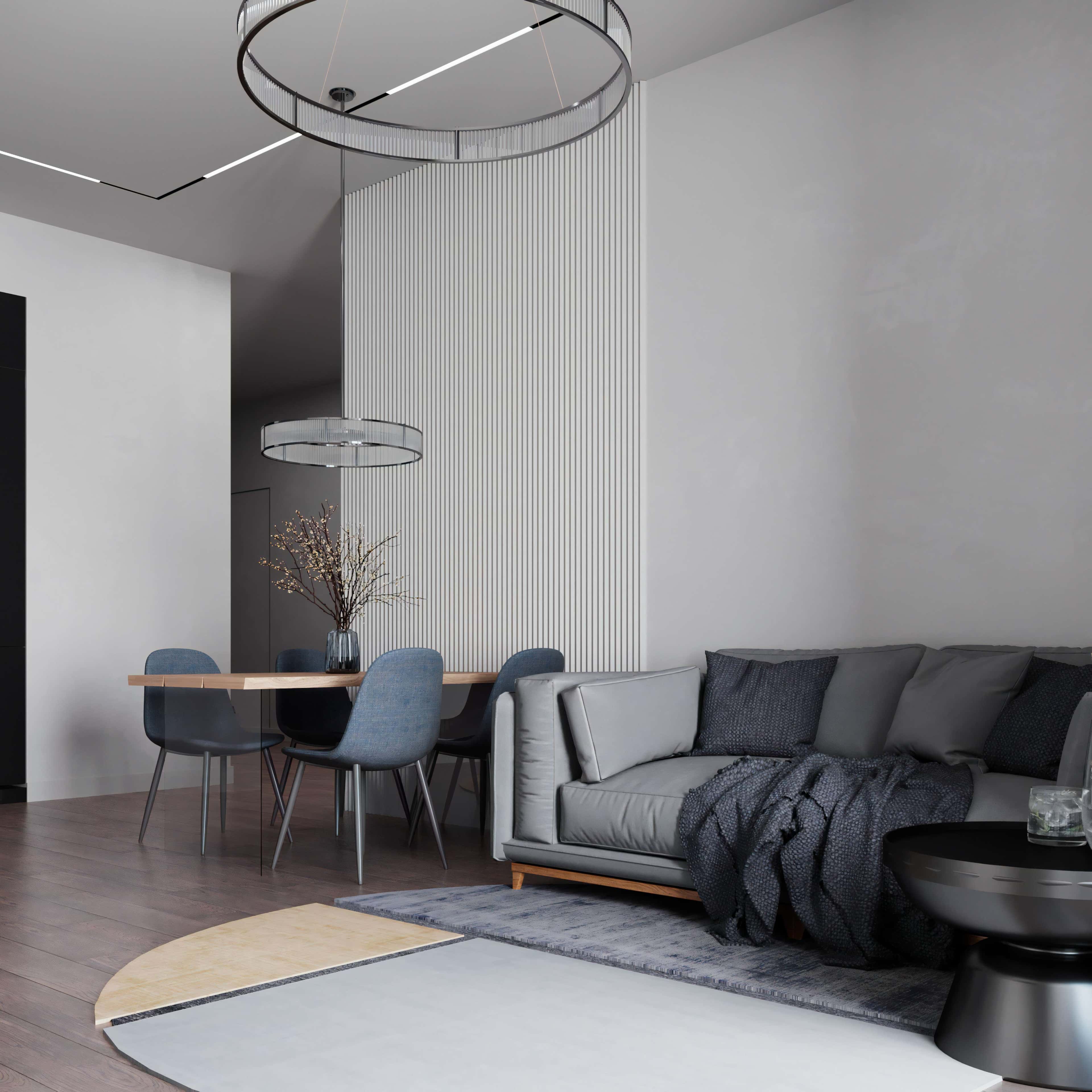 Modne szare wnętrze mieszkania 2026: kuchnia w stylu loft z elementami industrialnymi.