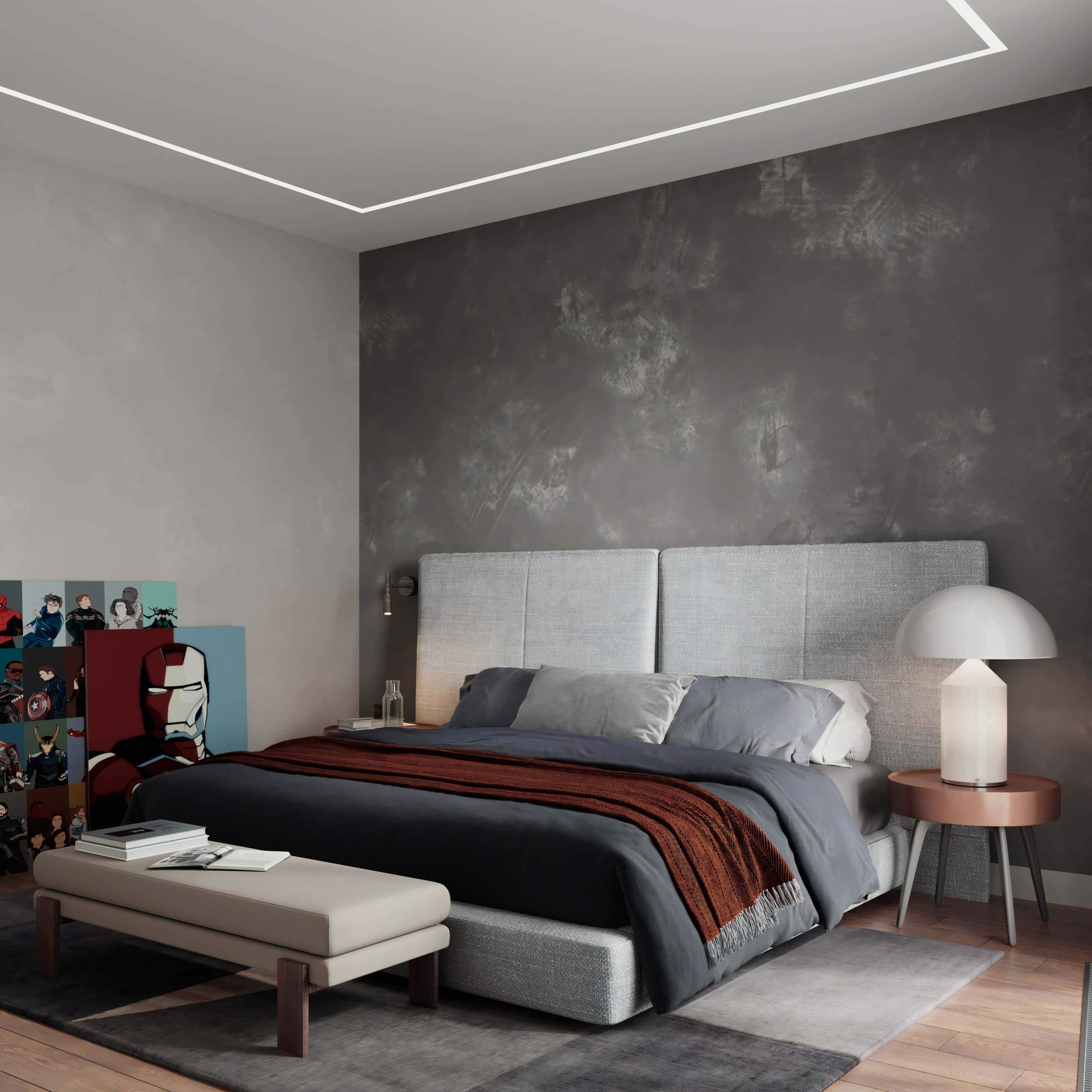 Stylowe szare wnętrze mieszkania 2026: sypialnia z szarą pościelą i elementami dekoracyjnymi.