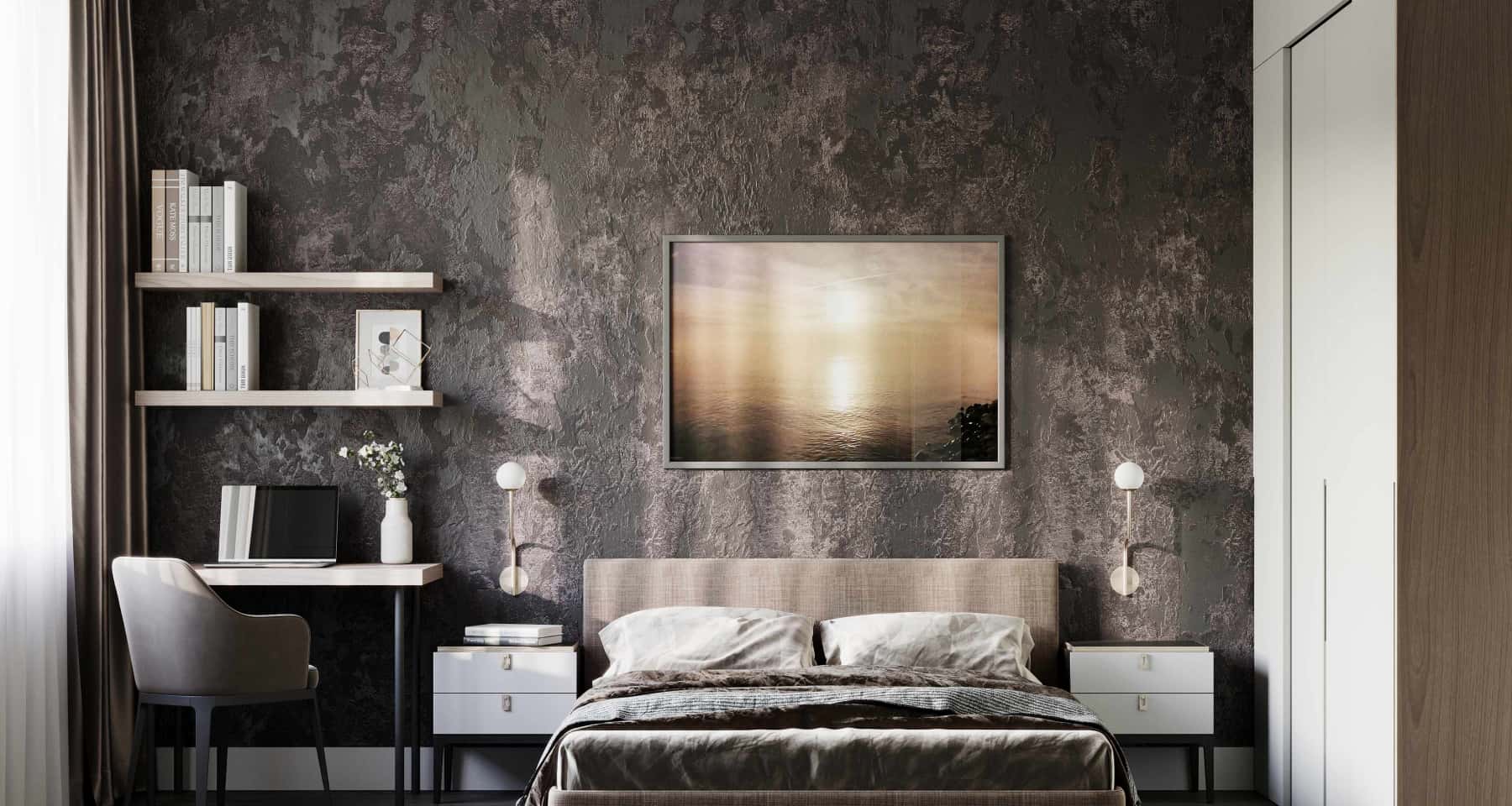 Szare wnętrze mieszkania 2026: biuro w minimalistycznym stylu z szarym biurkiem i regałami.