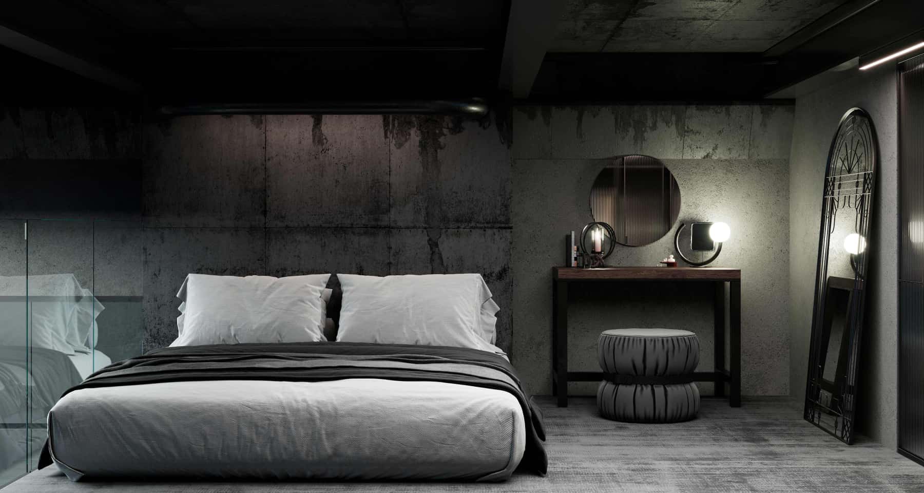 Szare wnętrze mieszkania 2026: Nowoczesna sypialnia z szarą pościelą i dekoracjami.