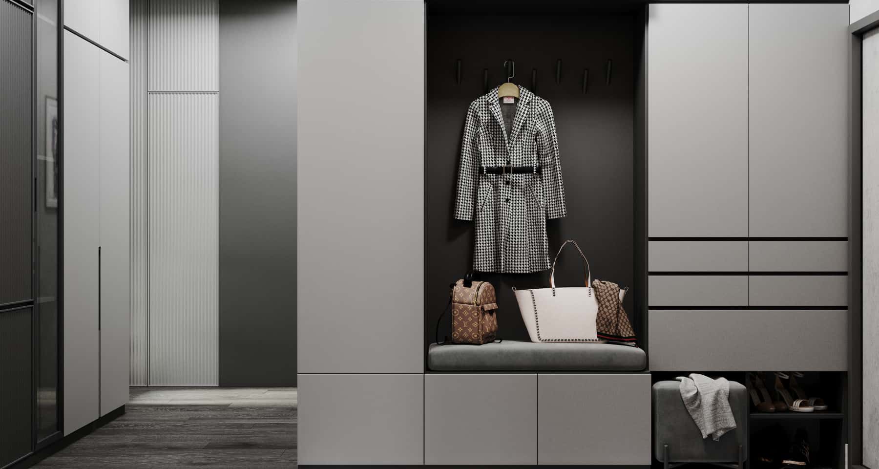 Szare wnętrze mieszkania 2026: salon w stylu loft z szarą sofą i betonową ścianą.