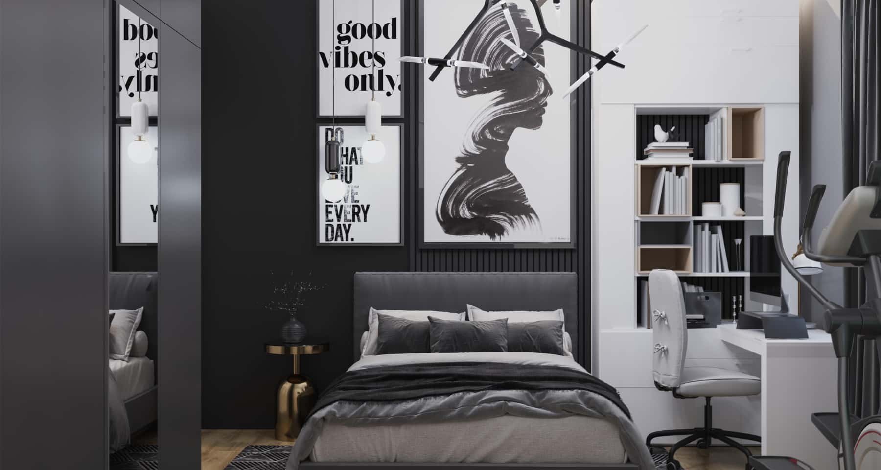 Eleganckie szare wnętrze mieszkania: sypialnia z szarym łóżkiem i miękkimi tekstyliami w 2026.