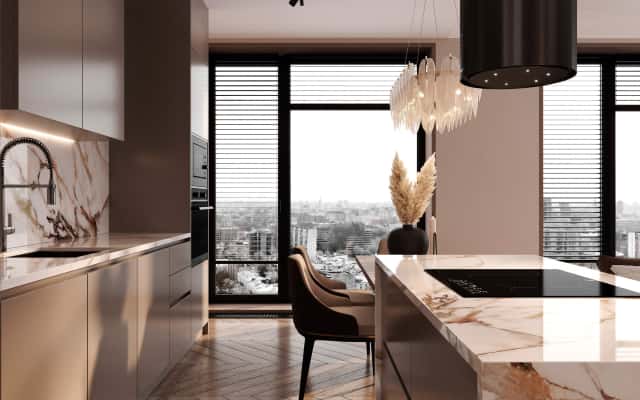 Męskie wnętrza 2026: Kuchnia w stylu loft z wyspą i drewnianymi szafkami