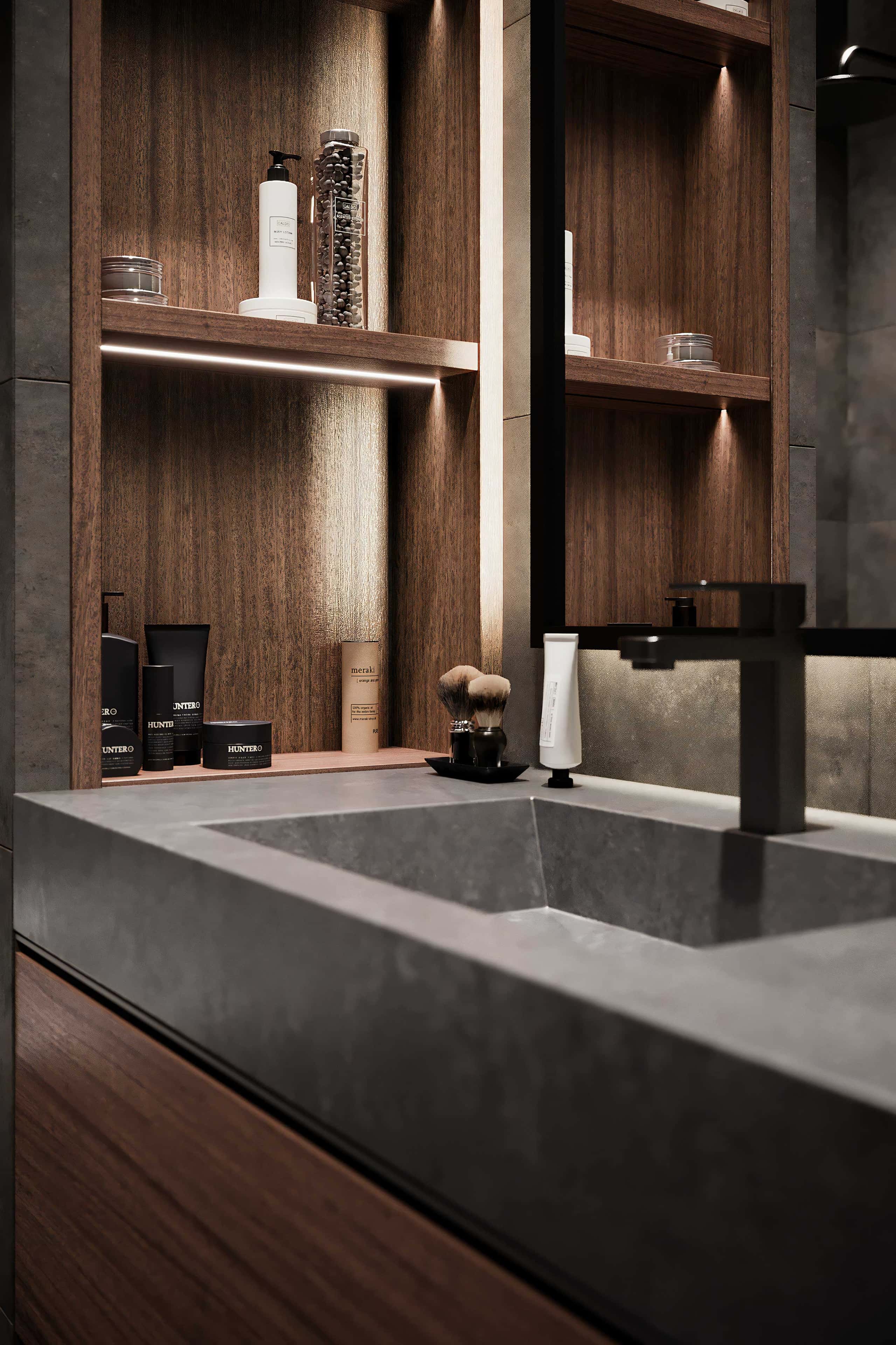 Męskie wnętrze 2026: Minimalistyczny salon z ciemną sofą i elementami stylu loft.