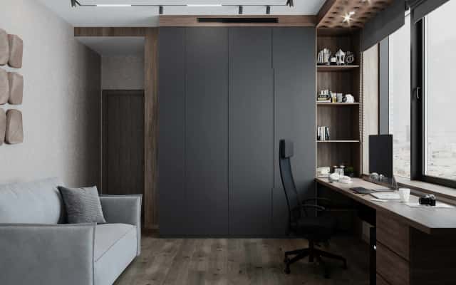Projekt męskiego wnętrza 2026: biuro w stylu loft z elementami drewna i minimalizmem.