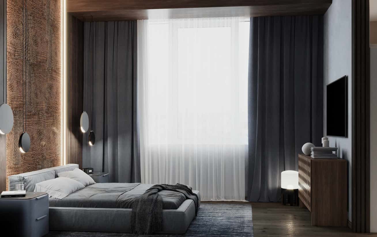 Męskie wnętrze 2026: salon z ciemną kolorystyką, fakturami i nowoczesnym designem.