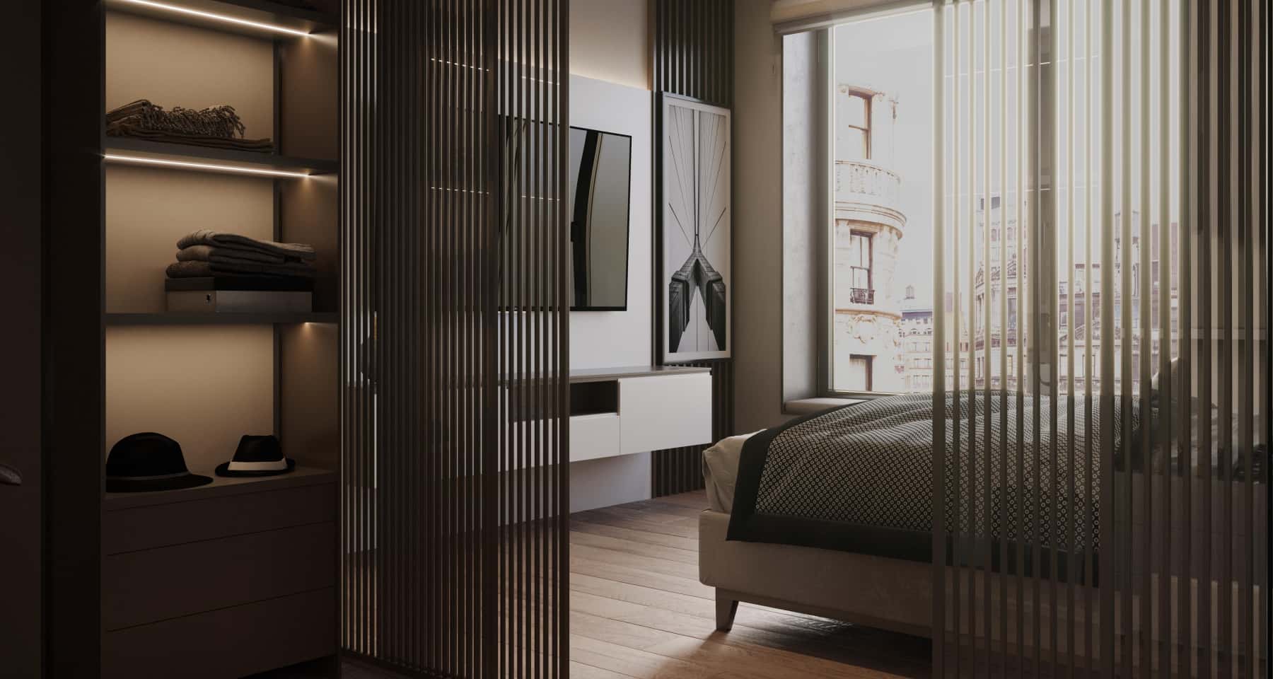 Męskie wnętrze 2026: funkcjonalny minimalizm z elementami stylu loft i ciemnej kolorystyki.