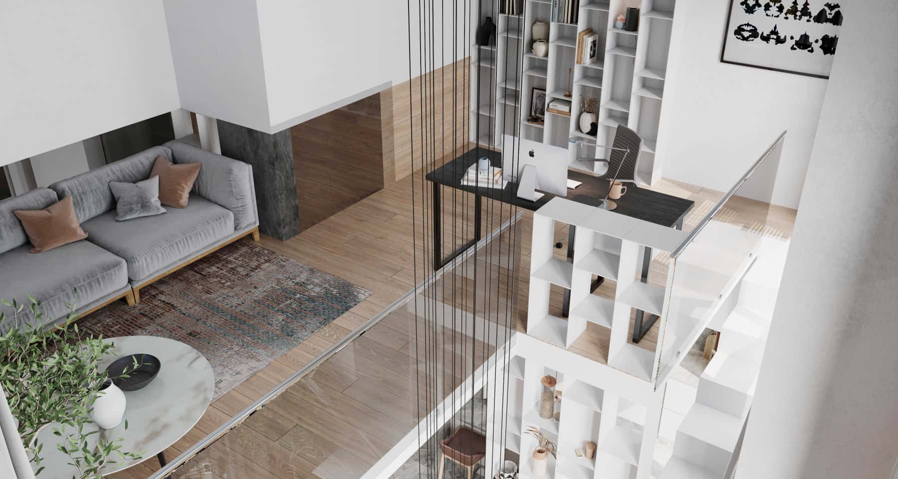 Męskie wnętrze 2026: przestrzeń biurowa z biurkiem z fakturą drewna i minimalistycznym designem.