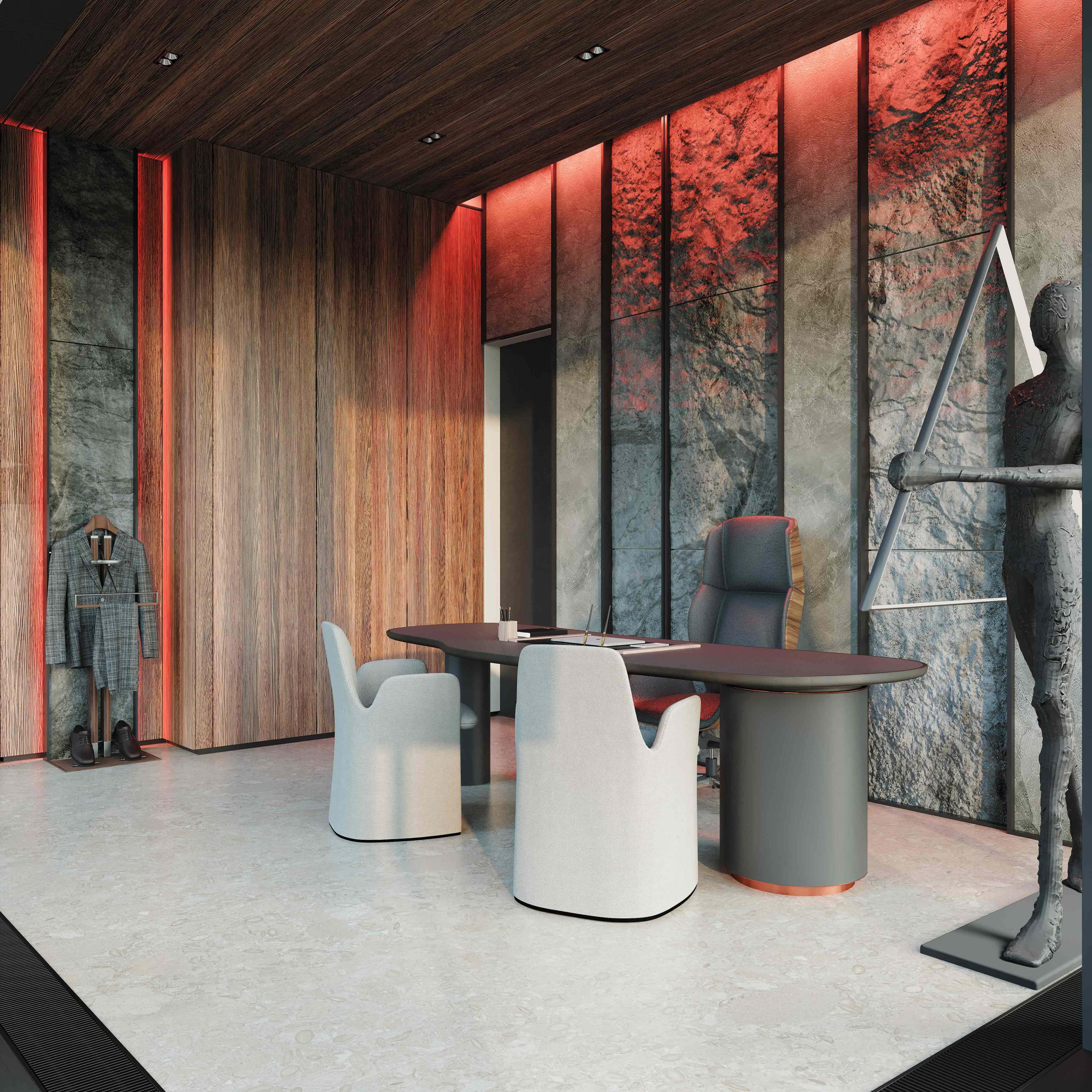 Męski gabinet 2026: Minimalizm, ciemna kolorystyka, biurko z drewna i loftowe detale.