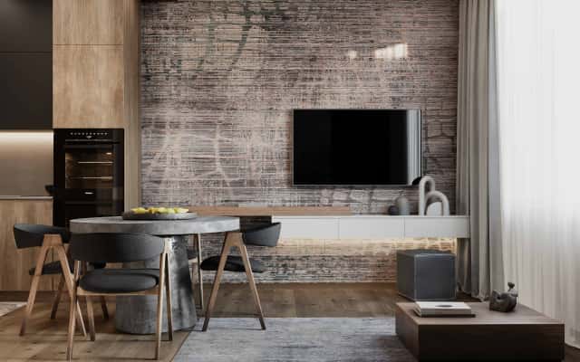 Projekt męskiego wnętrza 2026: łazienka z fakturą kamienia i elementami drewna.