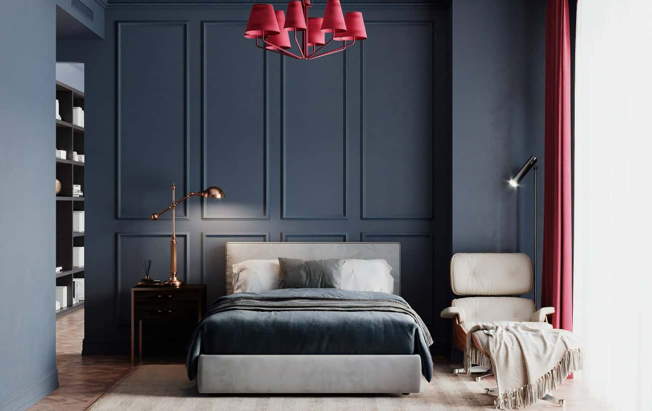 Męskie wnętrze 2026: salon w stylu loft z ciemną kolorystyką i drewnem.