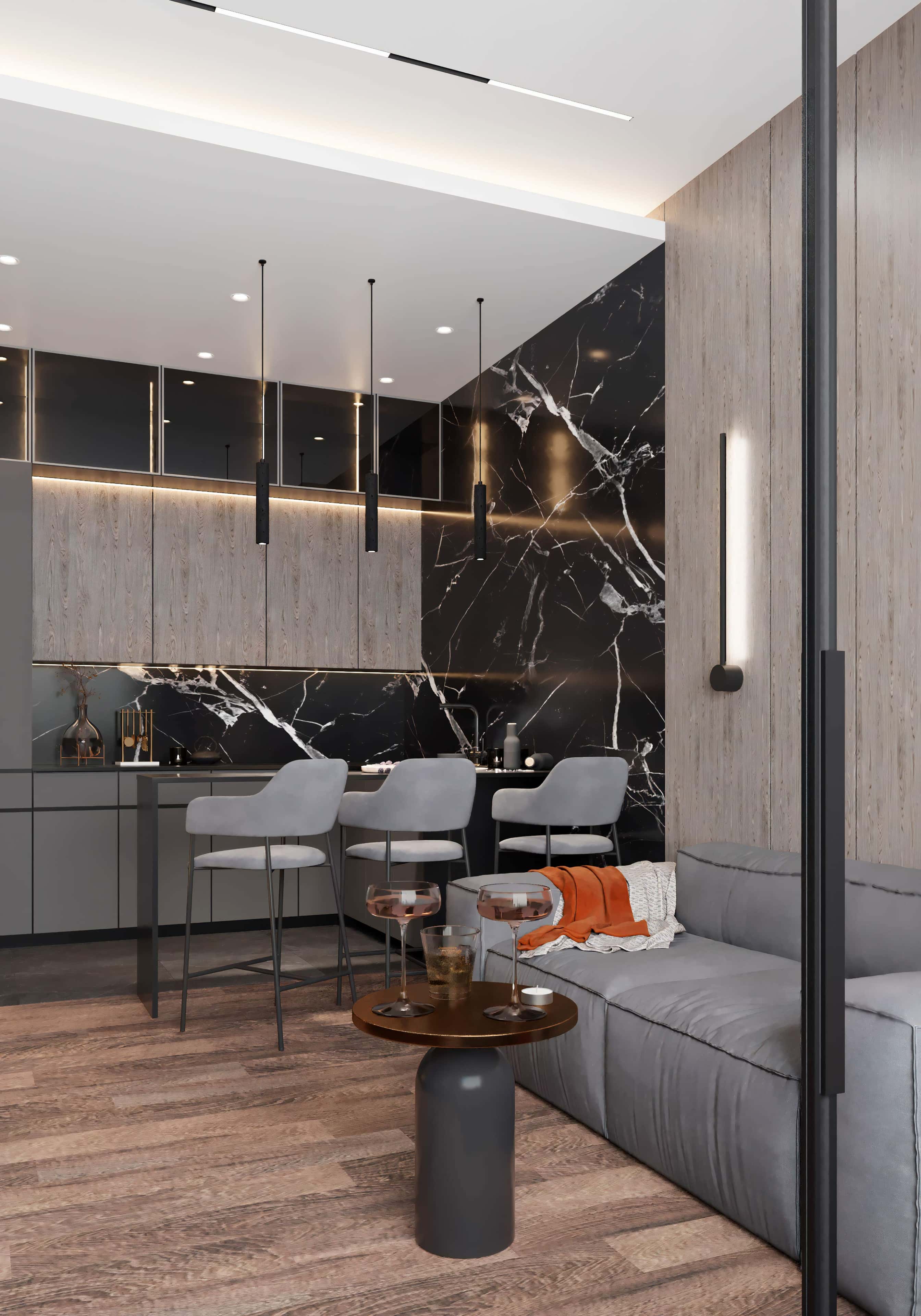 Męskie wnętrze w stylu loft: Ciemne ściany i meble, faktura kamienia