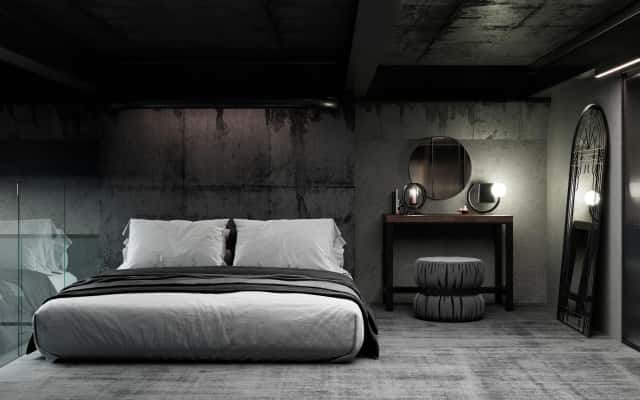 Męskie wnętrze 2026: Minimalistyczny salon w stylu loft z ciemną kolorystyką