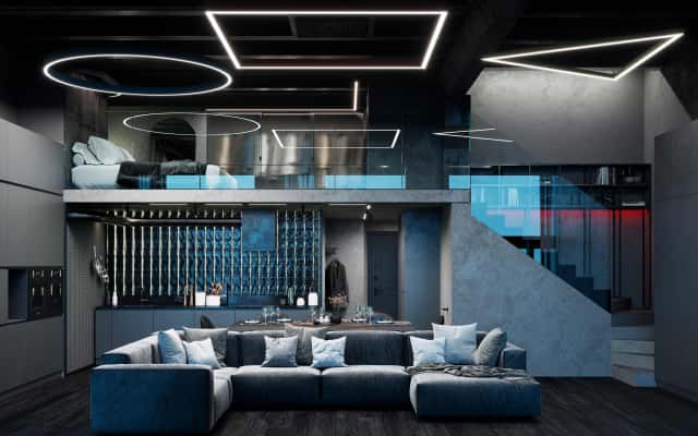 Męskie wnętrze 2026: Salon z ciemnymi ścianami i oświetleniem podkreślającym fakturę.