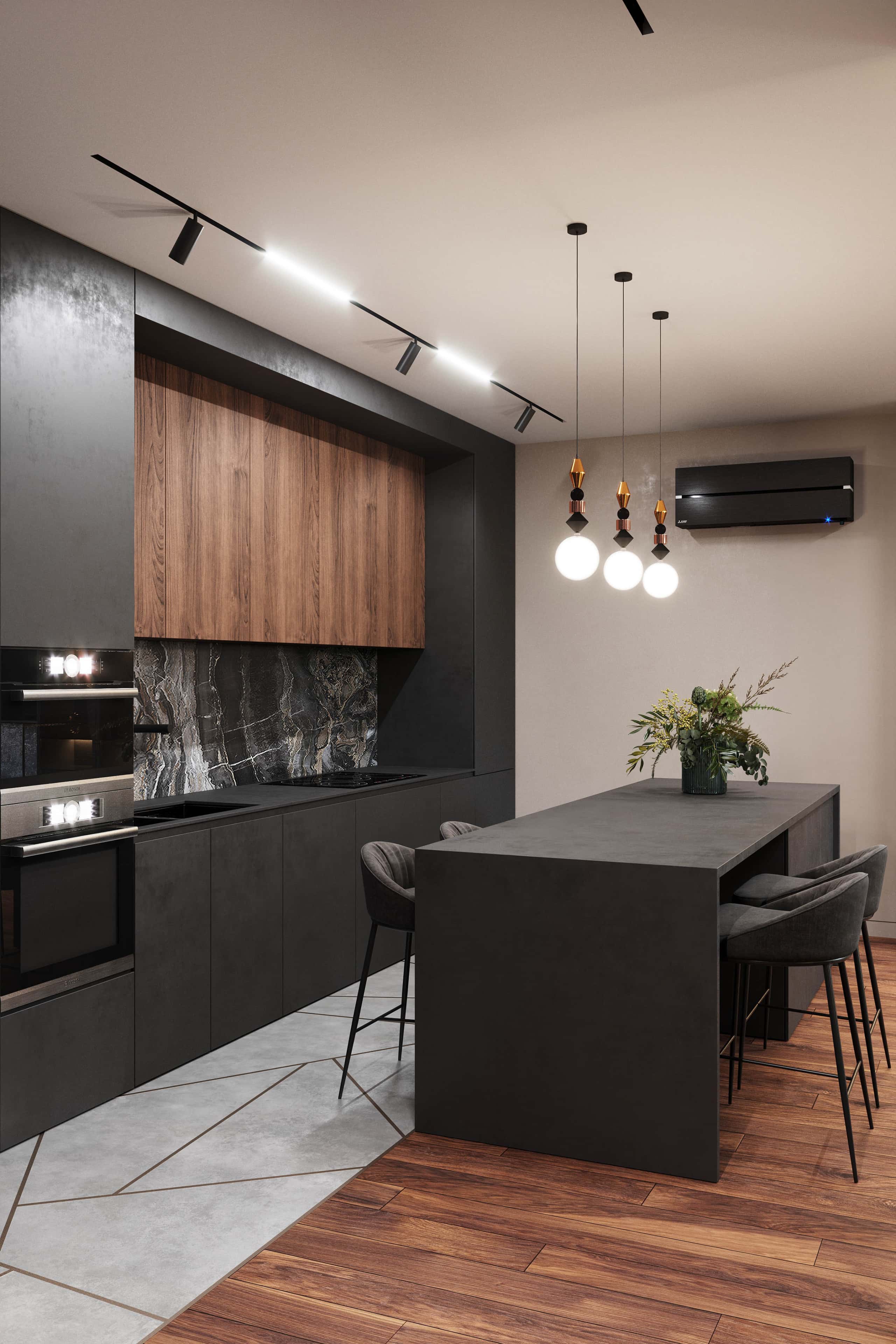 Męskie wnętrze: Ukryty chaos w funkcjonalnym minimalizmie, ciemna paleta barw