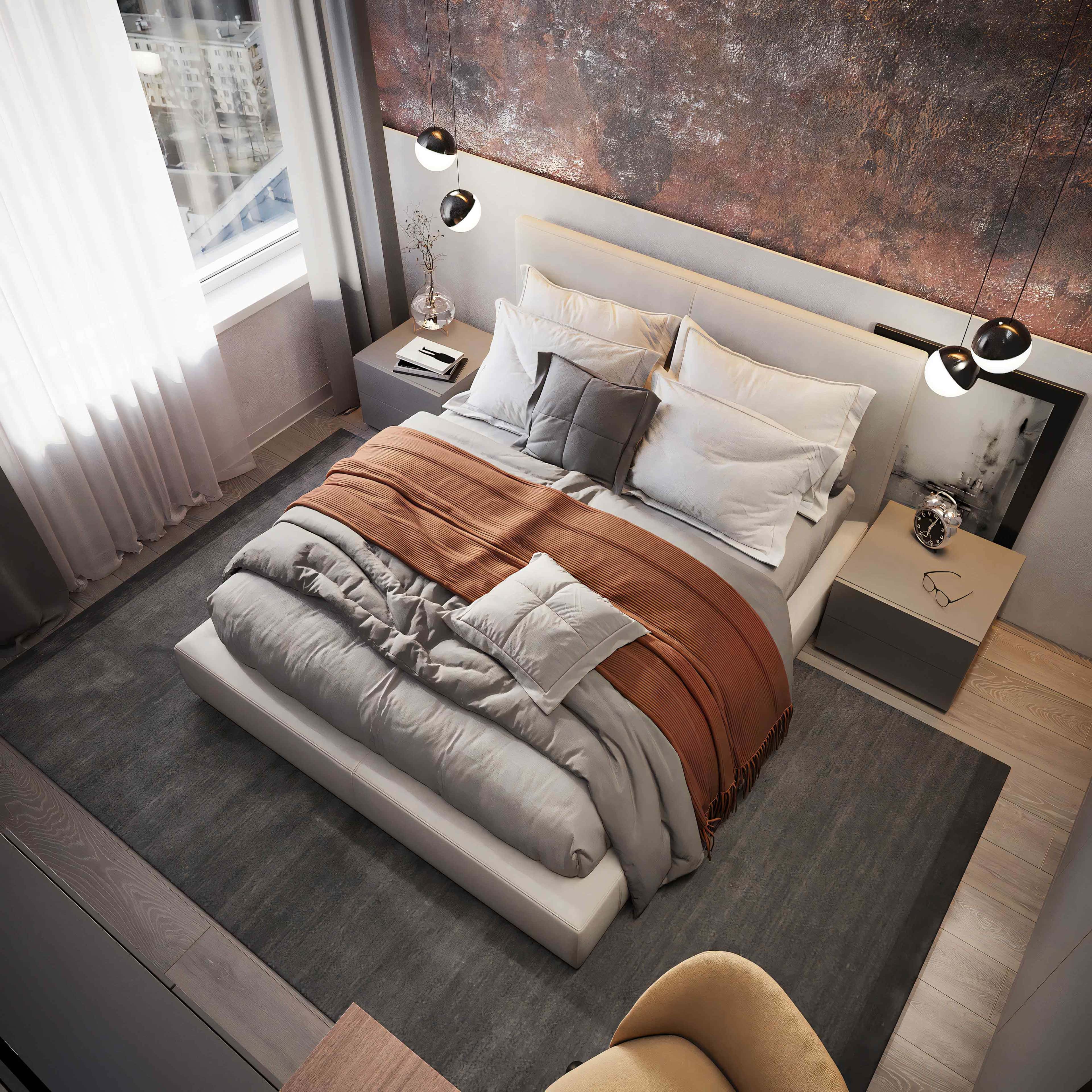 Projekt męskiego wnętrza 2026 z ciemną ścianą, lampą i minimalistycznym wystrojem.