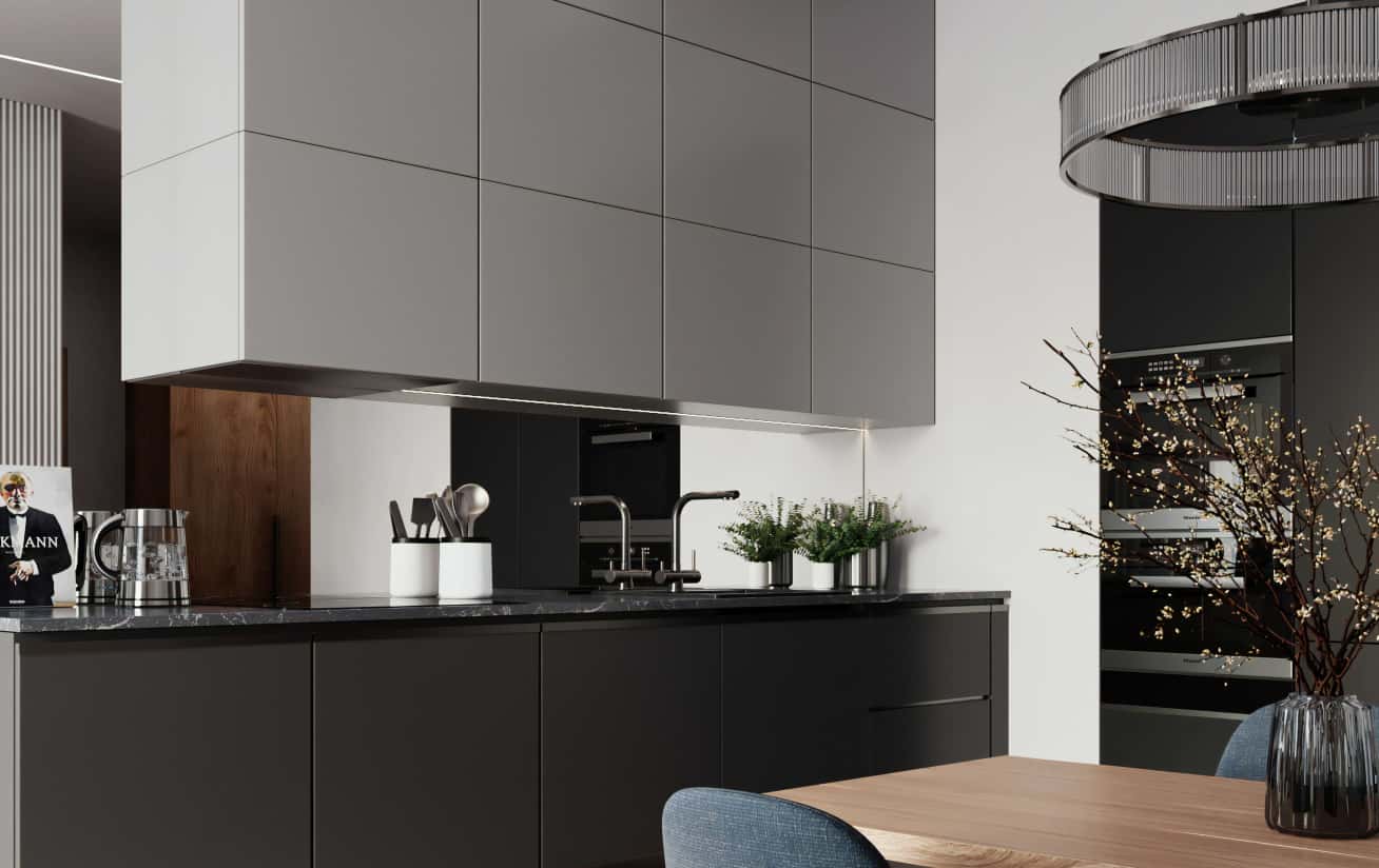 Industrialny akcent Oświetlenie loftowe podkreśla charakter nowoczesnego designu mieszkania z minimalistycznym akcentem.