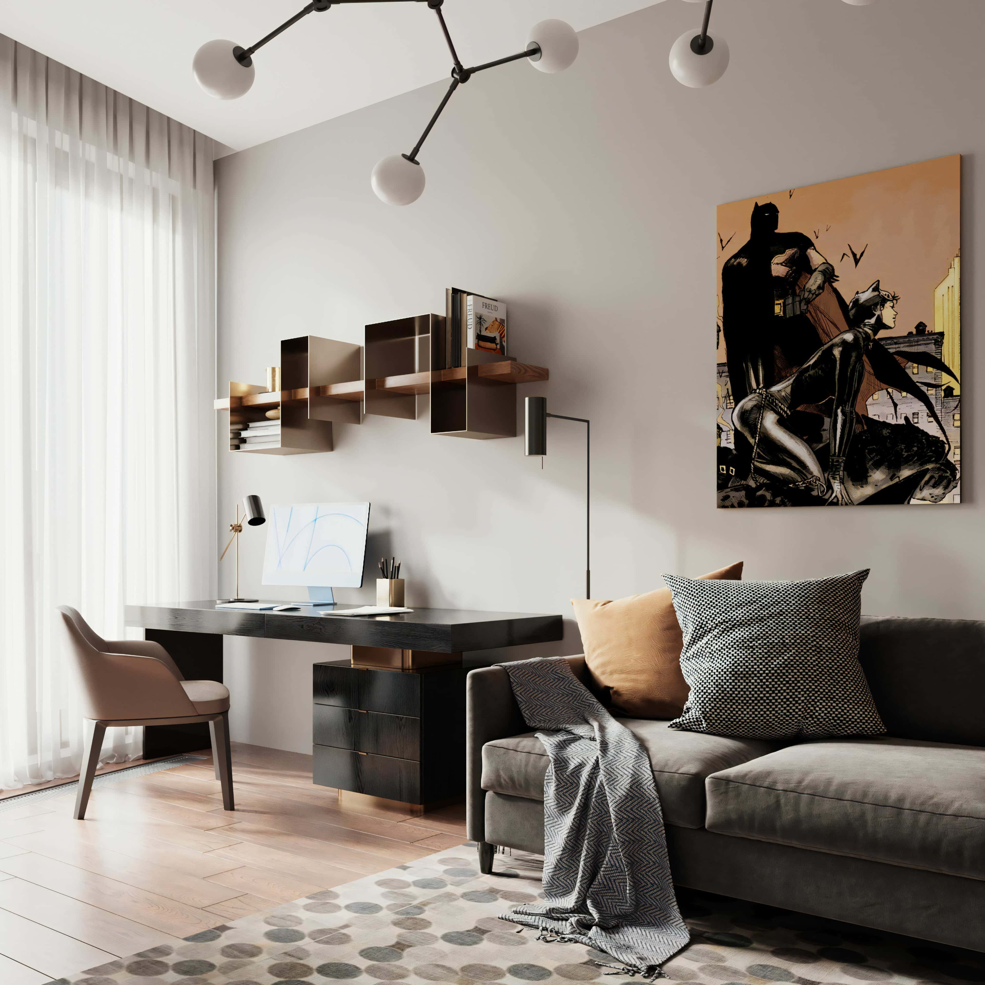 Przyszłość designu Minimalizm 2026 w nowoczesnym mieszkaniu z akcentem na funkcjonalne przechowywanie i oświetlenie loftowe.