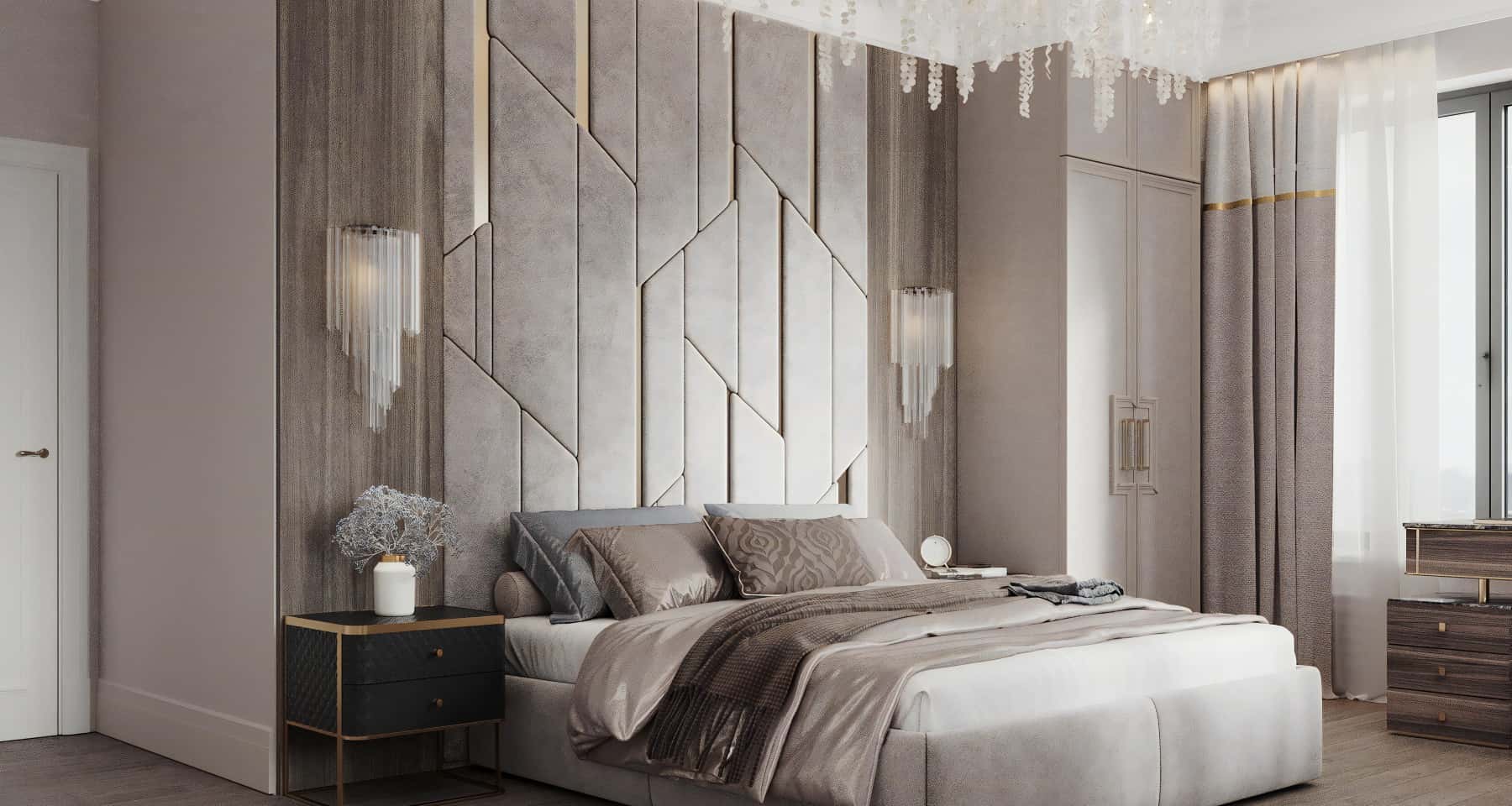 Jasna sypialnia w beżowych odcieniach z welurowym wezgłowiem, inspiracja 2026