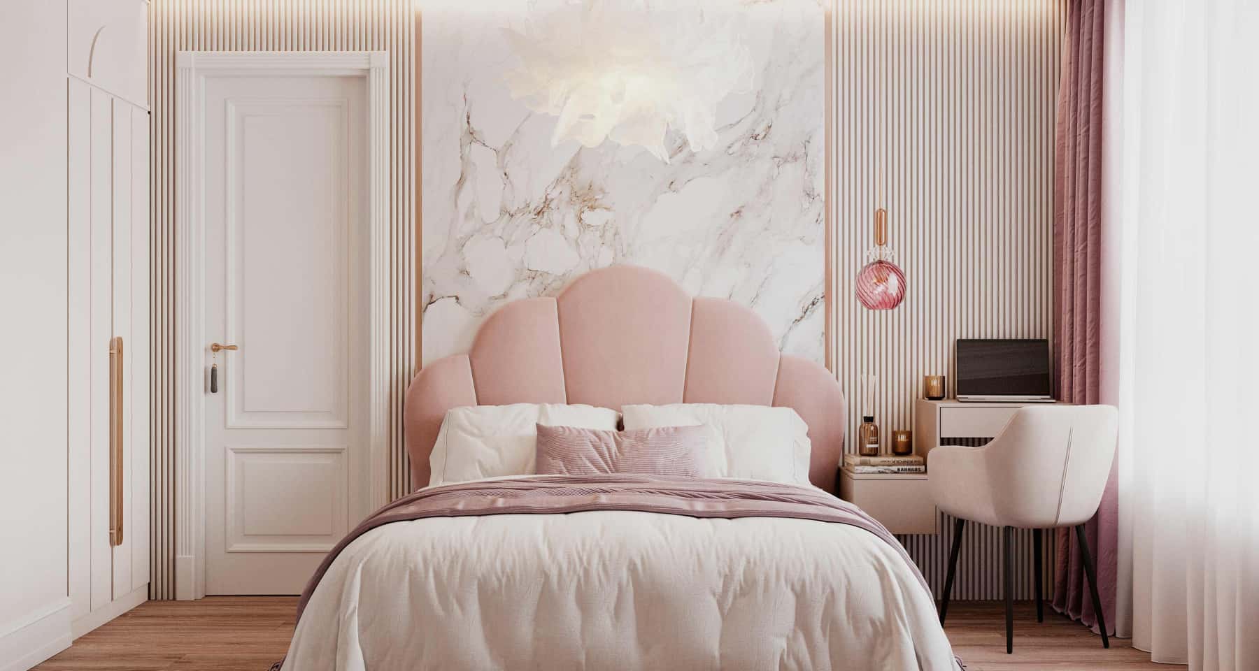 Projekt jasnej sypialni 2026: eleganckie wezgłowie z weluru i subtelne oświetlenie