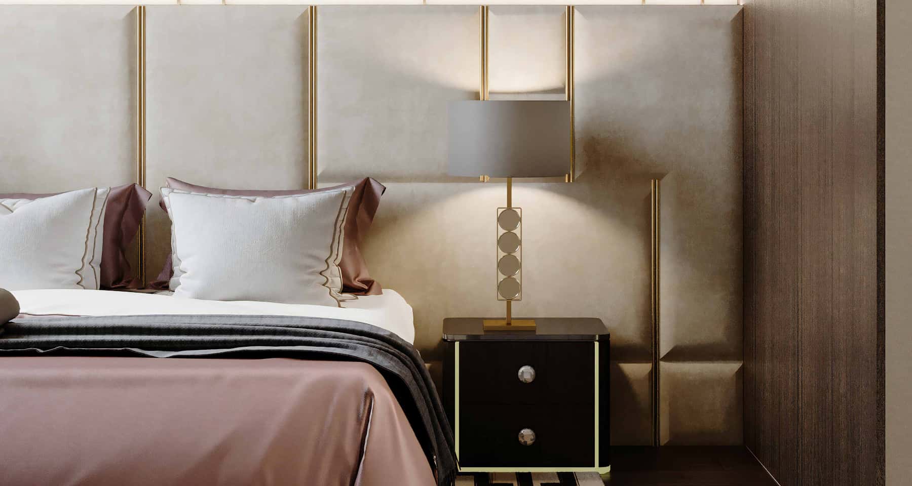 Jasna sypialnia inspiracje: Panele ścienne dodają tekstury i nowoczesnego charakteru.