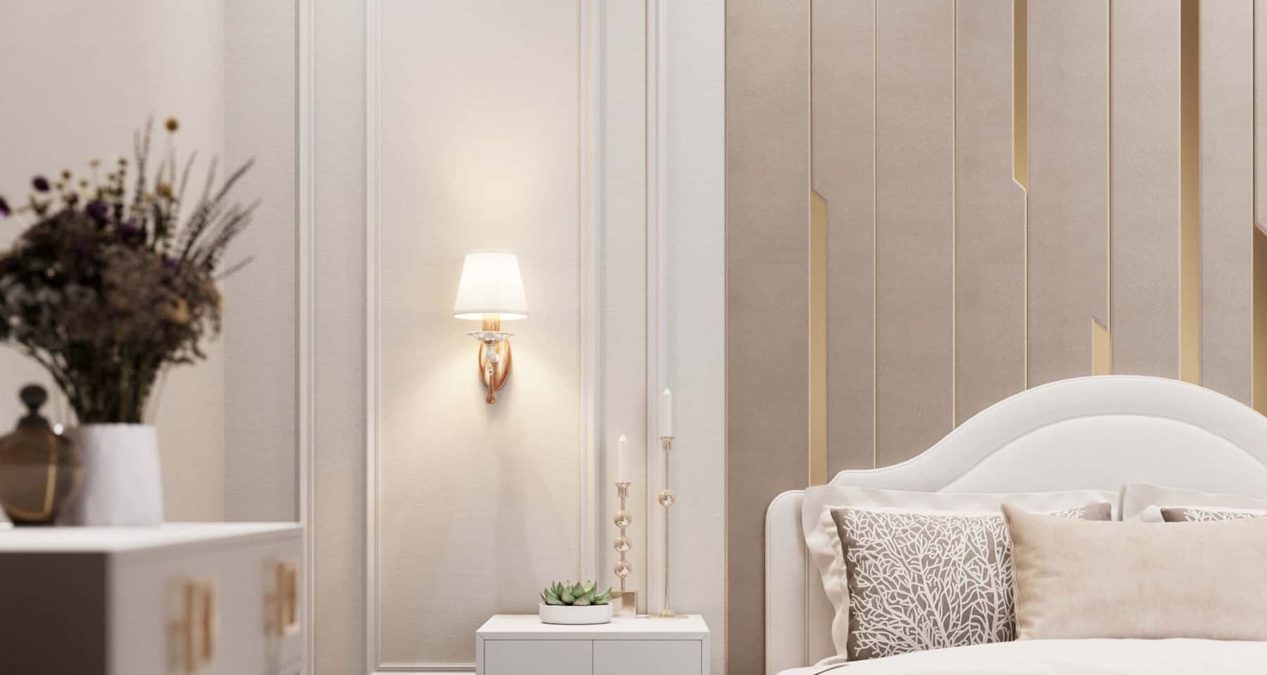 Aranżacja sypialni w jasnych tonach z minimalistycznym designem i roślinami