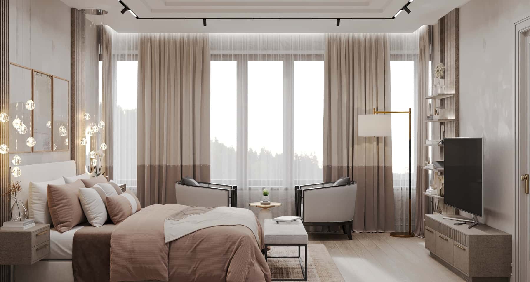 Beżowa sypialnia z welurowym wezgłowiem i subtelnym oświetleniem – design 2026