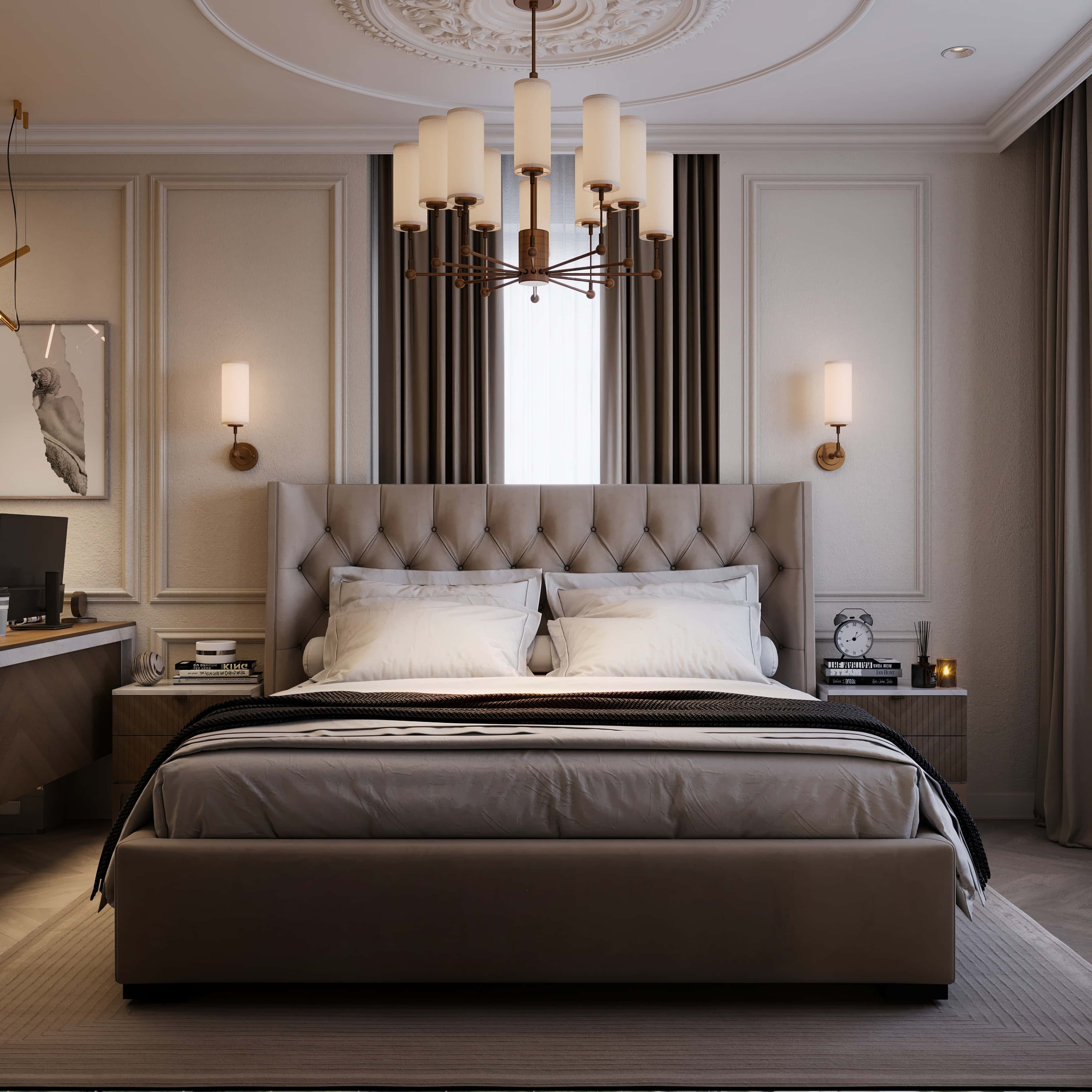 Aranżacja jasnej sypialni 2026 z wykorzystaniem paneli ściennych i miękkiego oświetlenia.