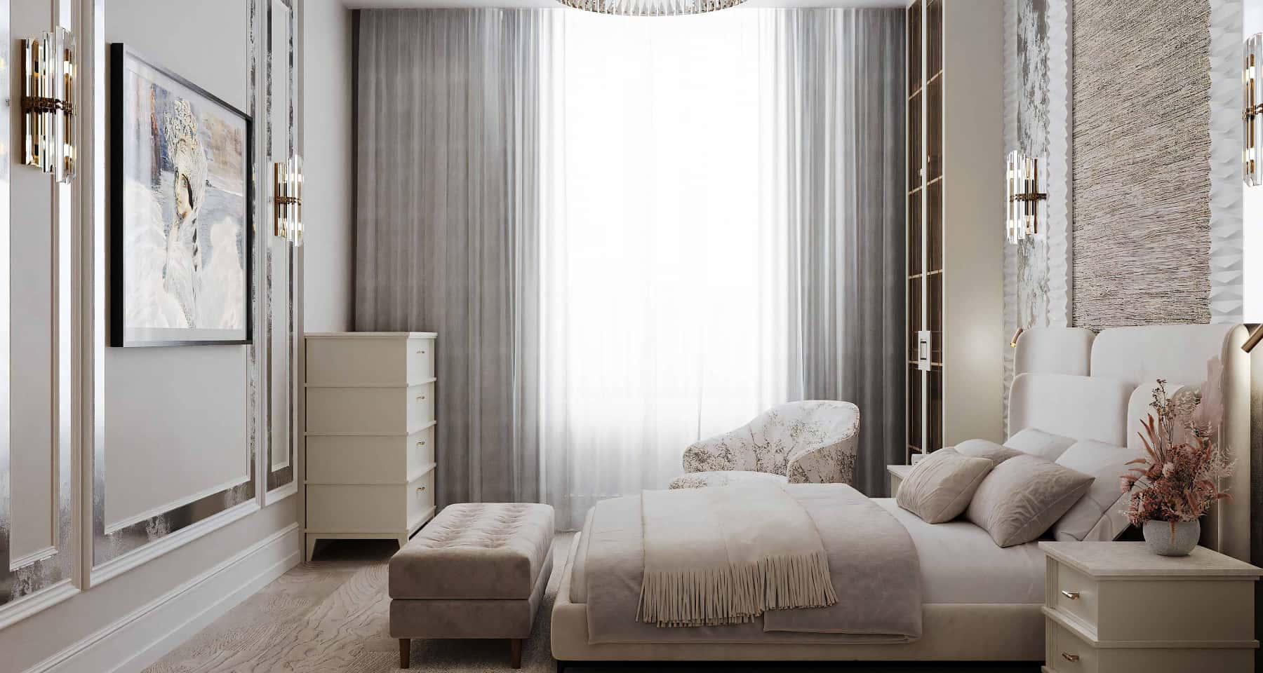 Przestronna jasna sypialnia 2026 z dużym oknem i wygodnym welurowym wezgłowiem.