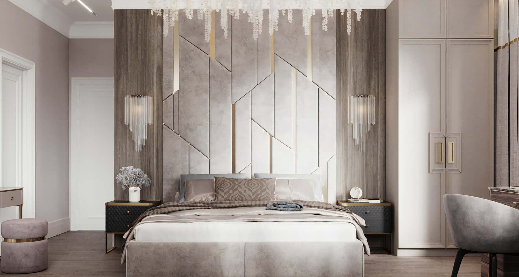 Beżowa sypialnia w małym mieszkaniu z minimalistycznym wezgłowiem - inspiracje 2026