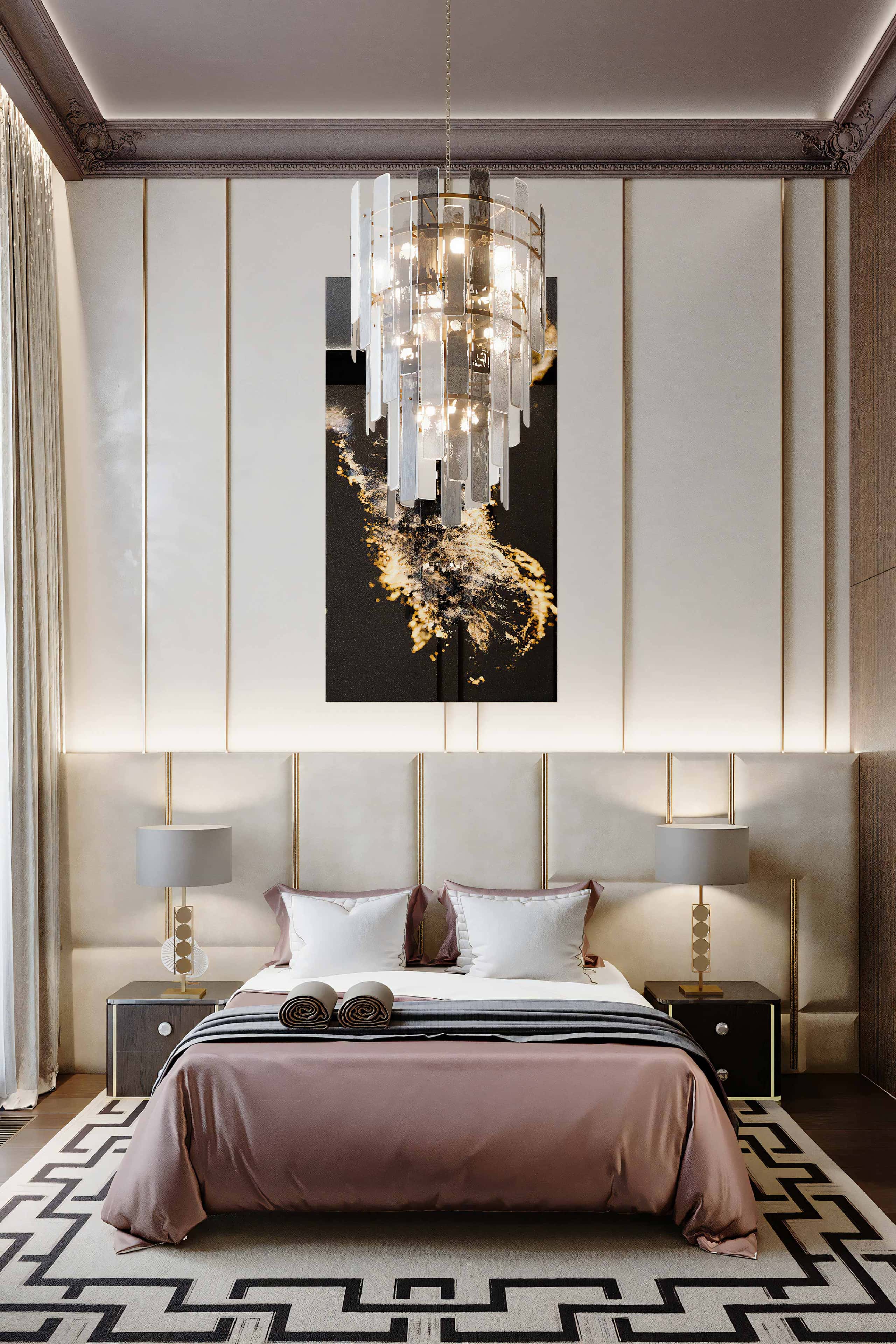 Jasna sypialnia 2026: Beżowe odcienie, welurowe wezgłowie, lampka nocna na stoliku