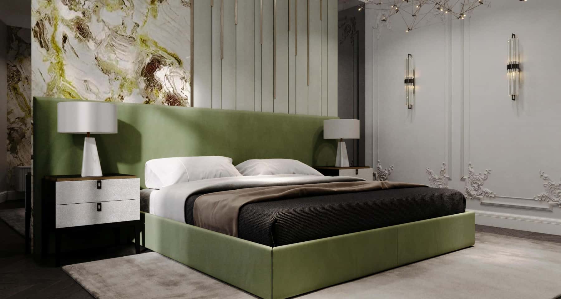 Jasna sypialnia design 2026 w beżowych odcieniach z welurowym wezgłowiem łóżka.