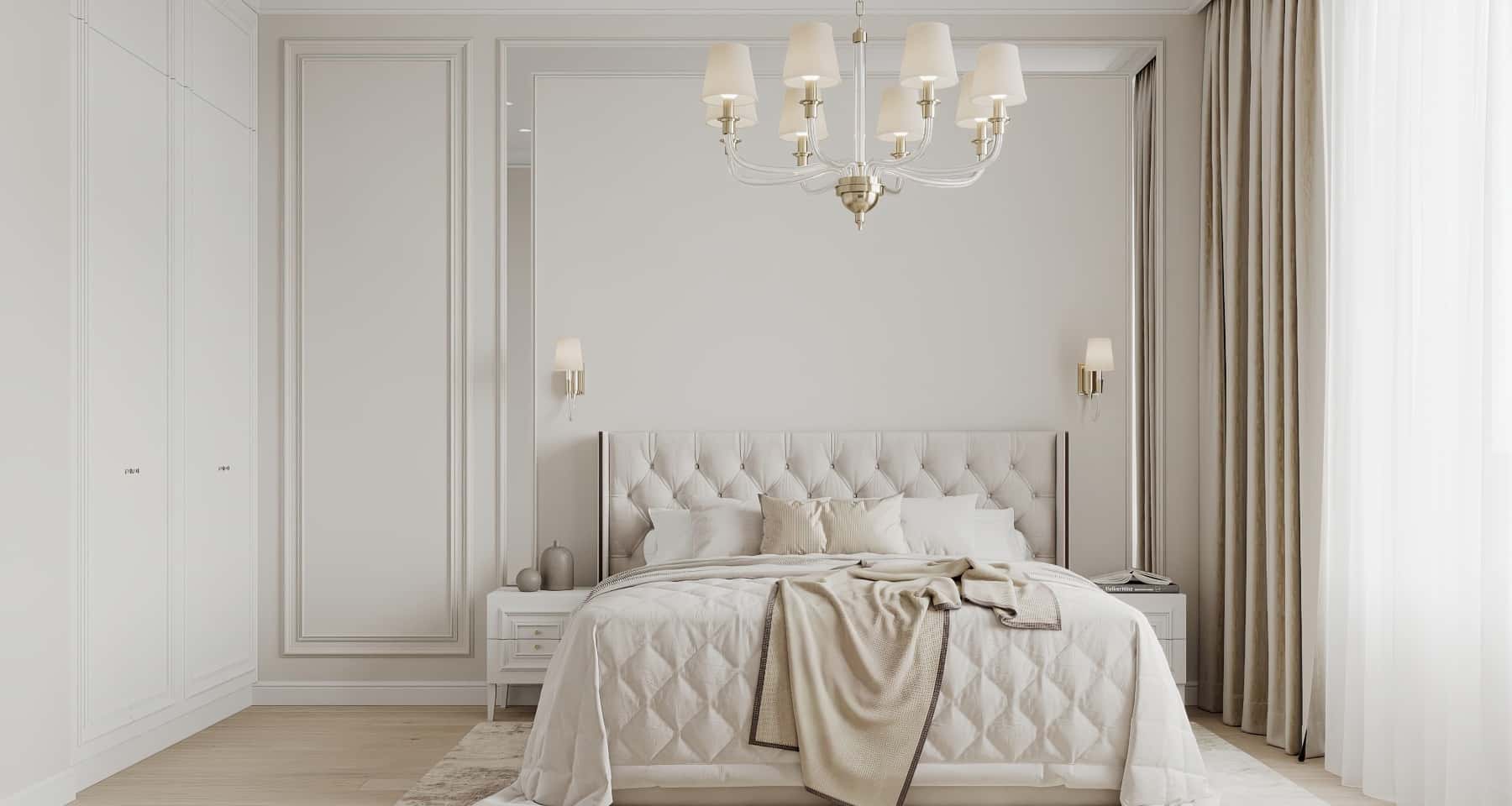 Projekt jasnej sypialni 2026 z tekstyliami w beżowych odcieniach i drewnianymi elementami.