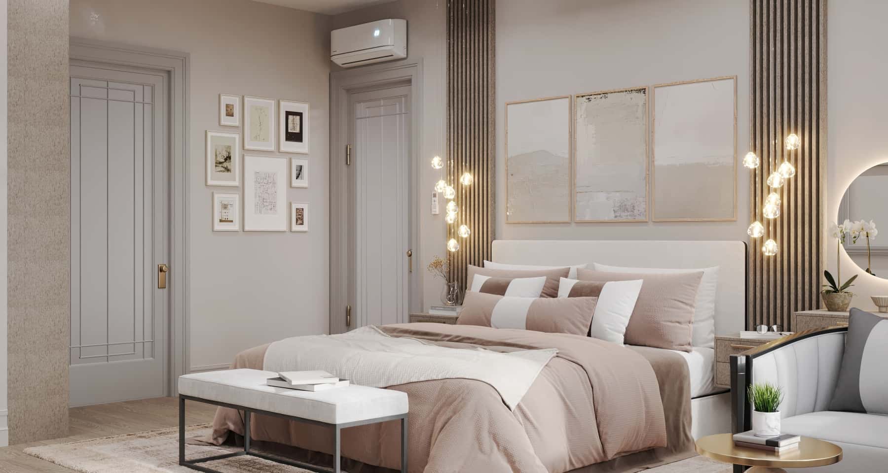 Projekt jasnej sypialni 2026 z beżowymi ścianami i minimalistycznym designem