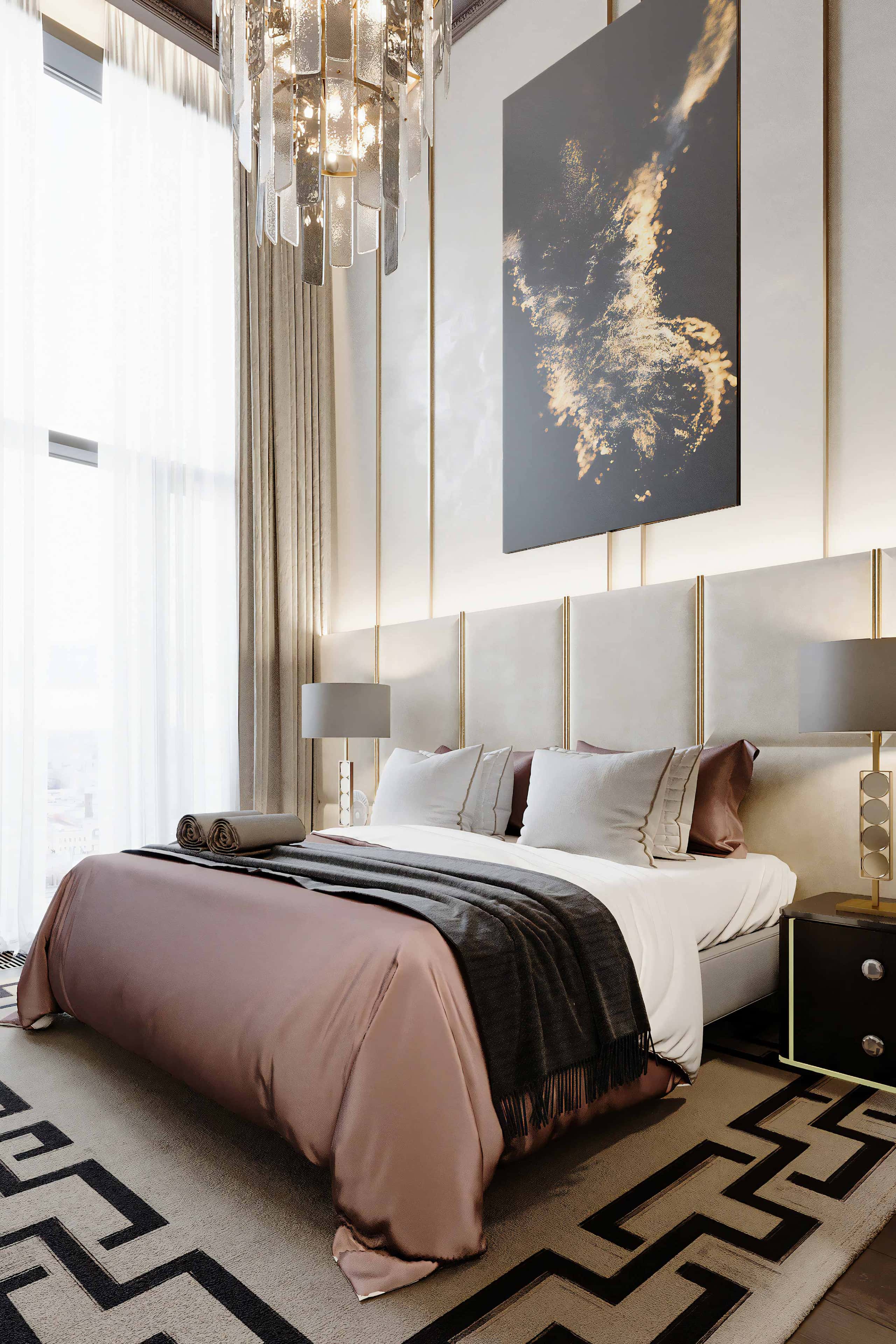 Sypialnia w stylu Art Deco: Jasne barwy połączone z eleganckimi detalami w aranżacji.