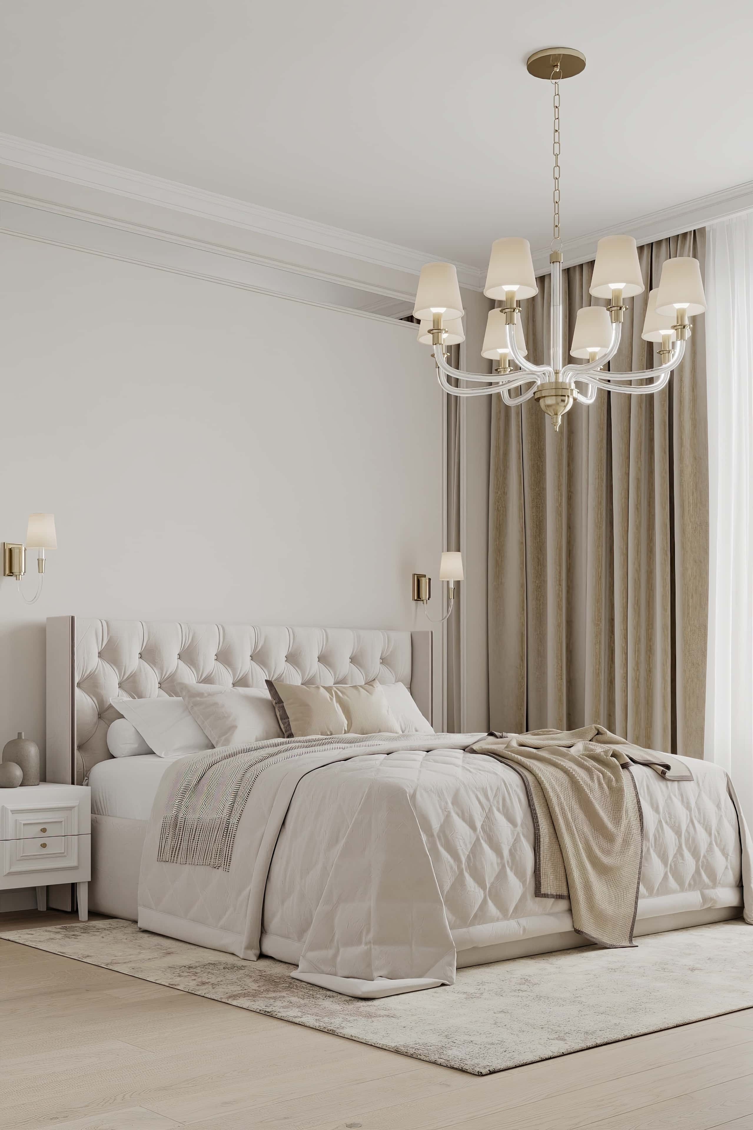 Jasna sypialnia inspiracje: subtelna kolorystyka i nastrojowe oświetlenie w aranżacji.