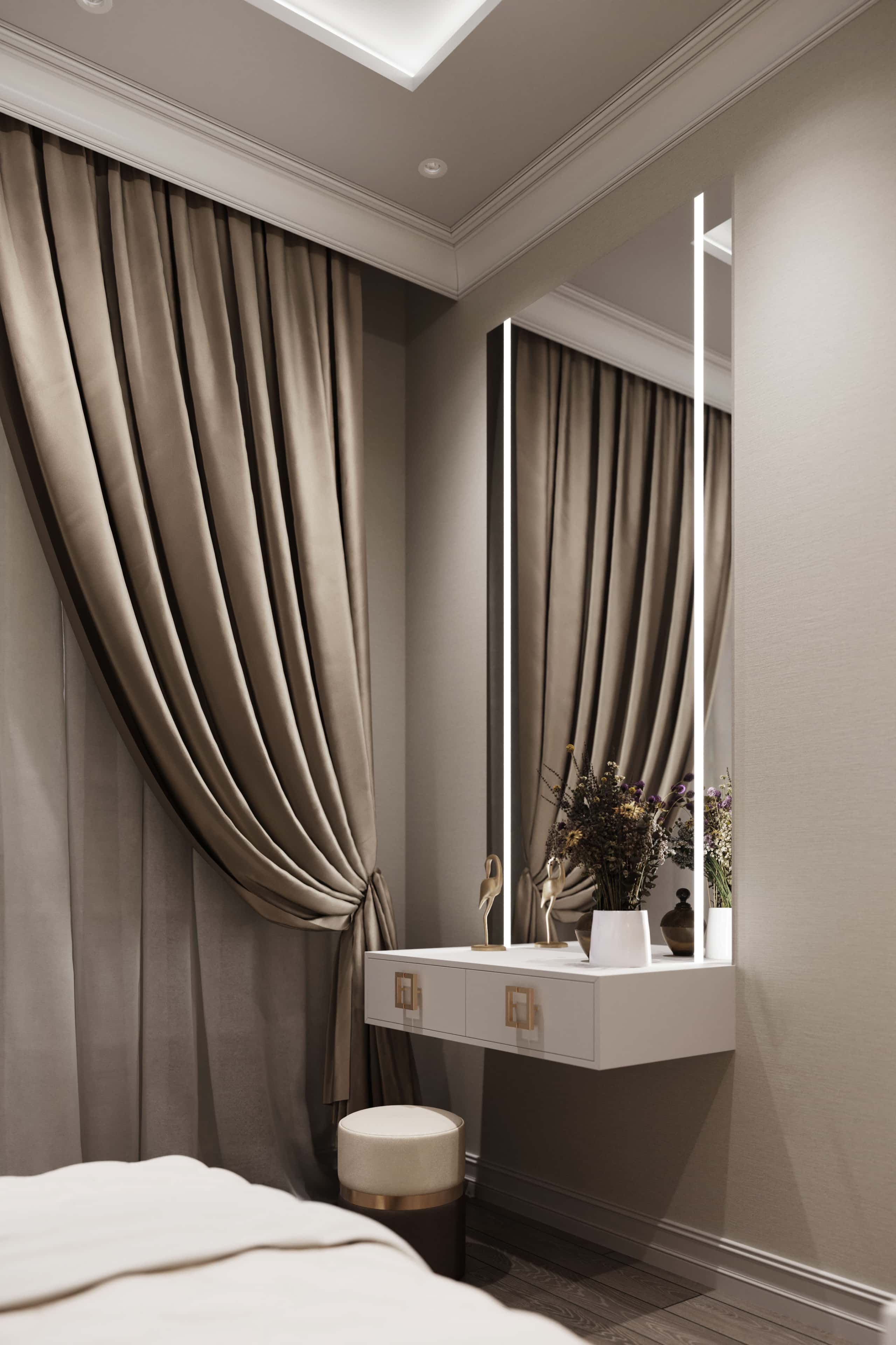 Sypialnia z panelami ściennymi w jasnych kolorach i nowoczesnym oświetleniem