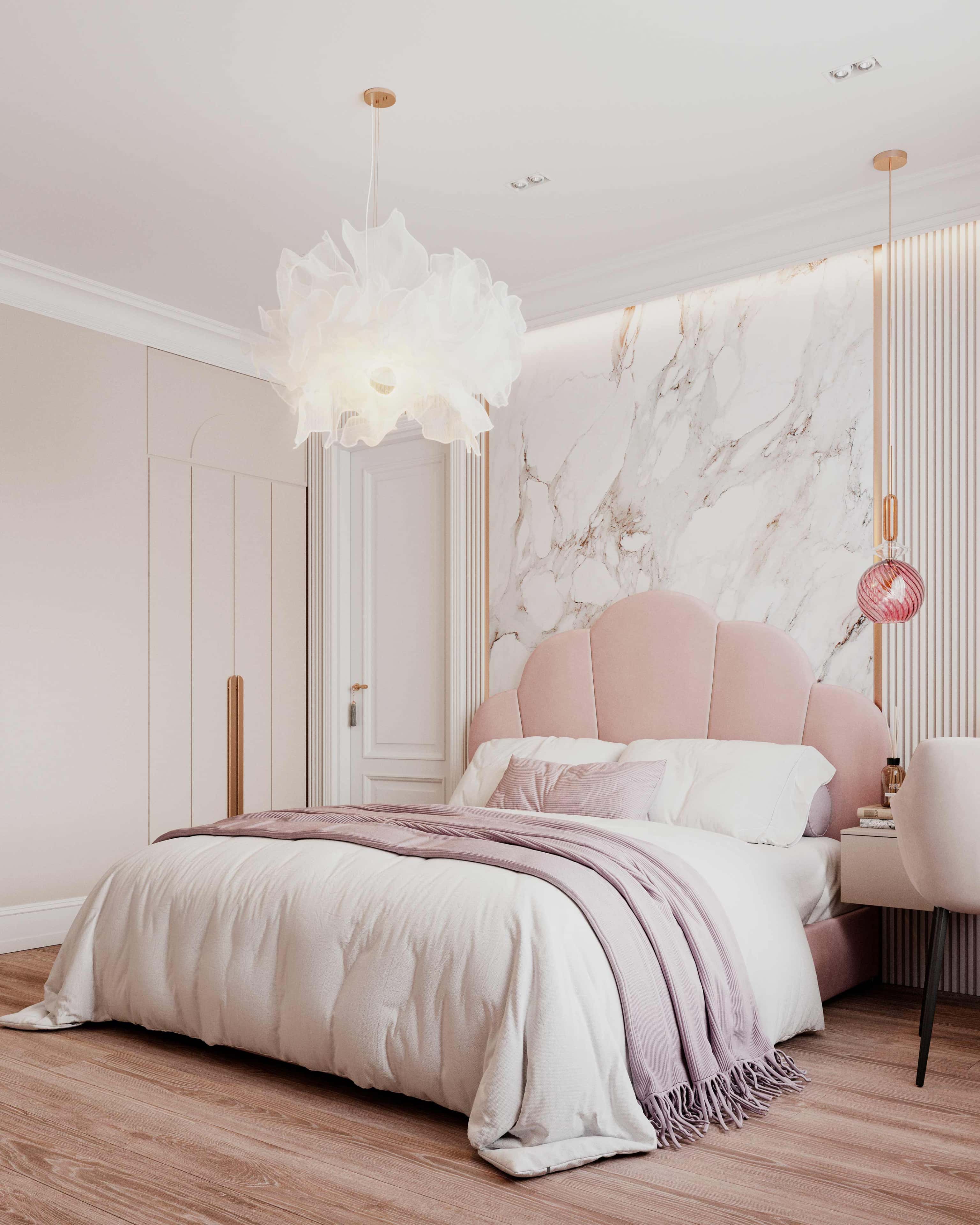 Jasna sypialnia aranżacje 2026 z panelami ściennymi i delikatnym oświetleniem.