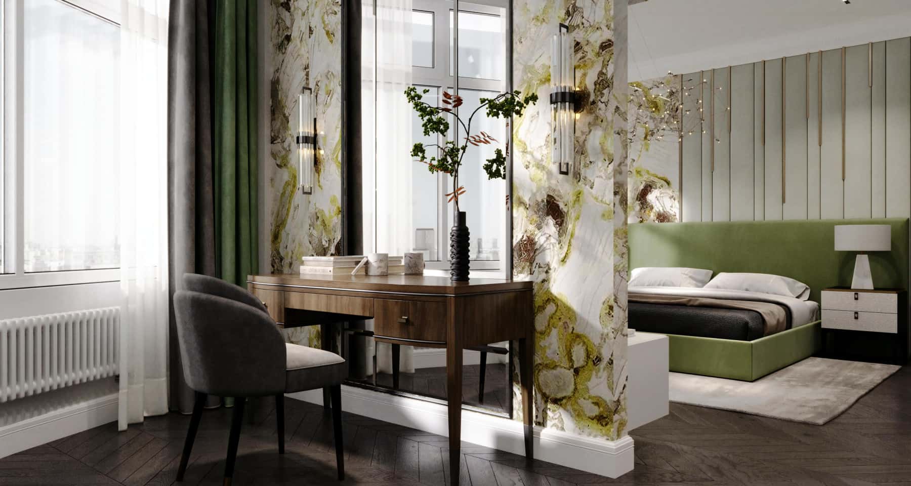 Inspirujący design jasnej sypialni w stylu Art Deco 2026 z eleganckim oświetleniem.