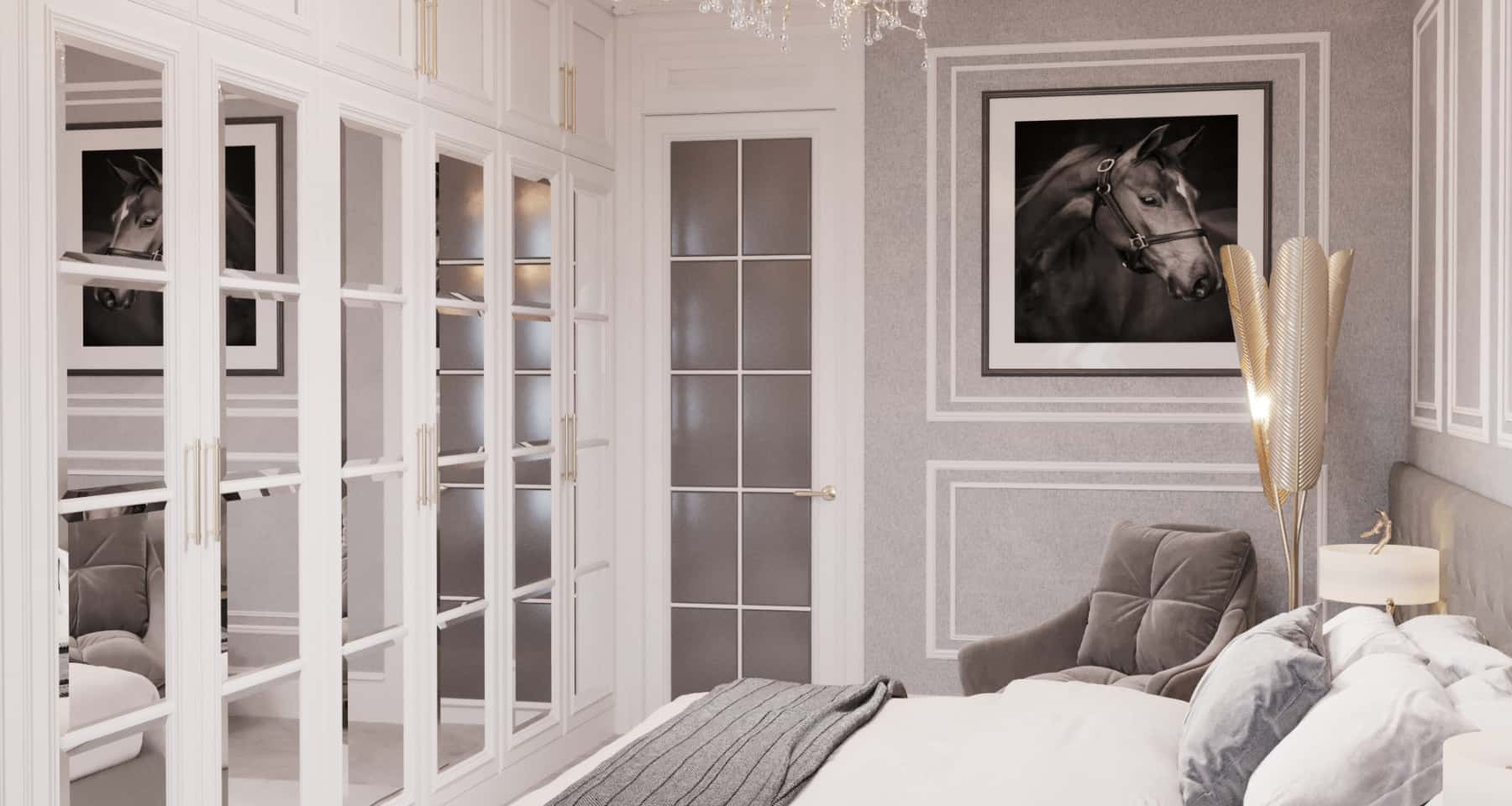 Jasna sypialnia w stylu Art Deco: beżowe ściany, welurowe detale i eleganckie oświetlenie 2026