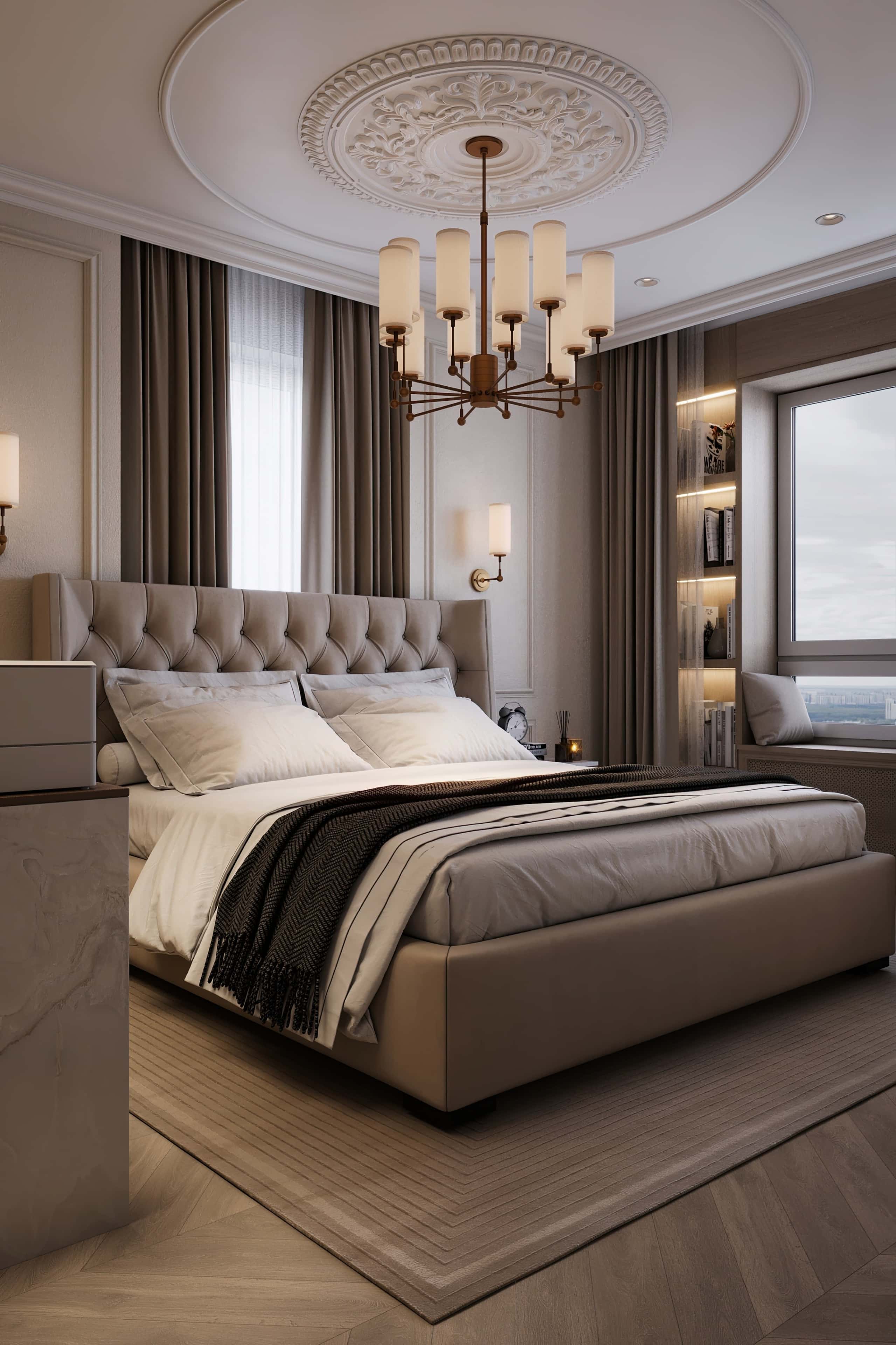 Jasna sypialnia 2026 w beżowych odcieniach: komfortowe wezgłowie i subtelne dekoracje