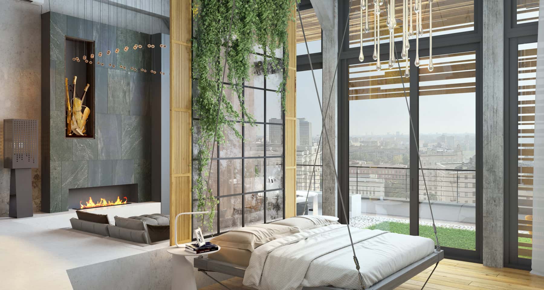 Monochromatyczna sypialnia 2026 z dużym oknem i minimalistycznym wystrojem, aranżacja nowoczesna